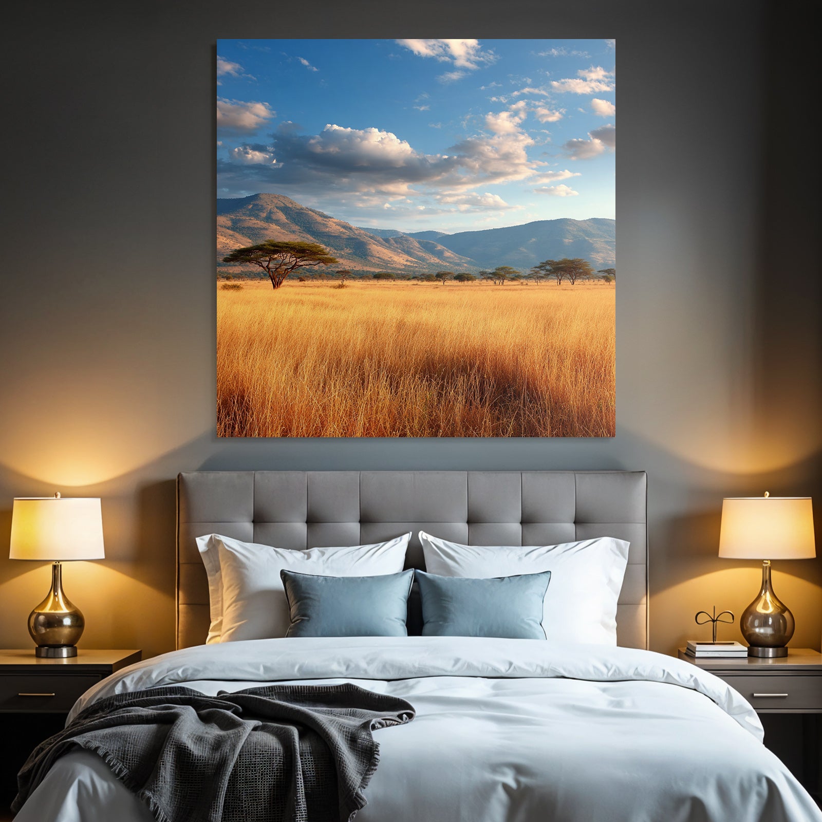Desert tranquil natural landscape with hills and golden grass under partly cloudy sky