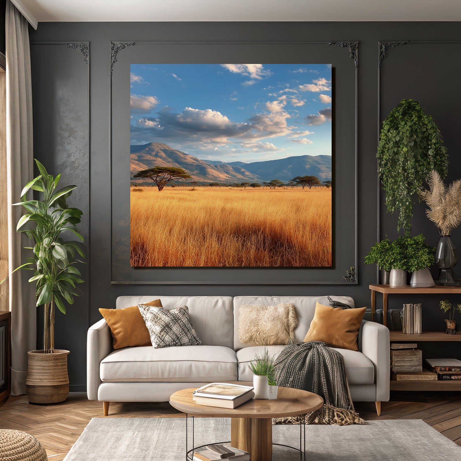 Desert tranquil natural landscape with hills and golden grass under partly cloudy sky