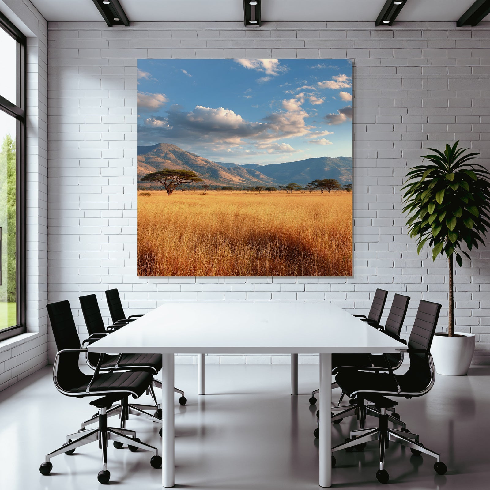Desert tranquil natural landscape with hills and golden grass under partly cloudy sky