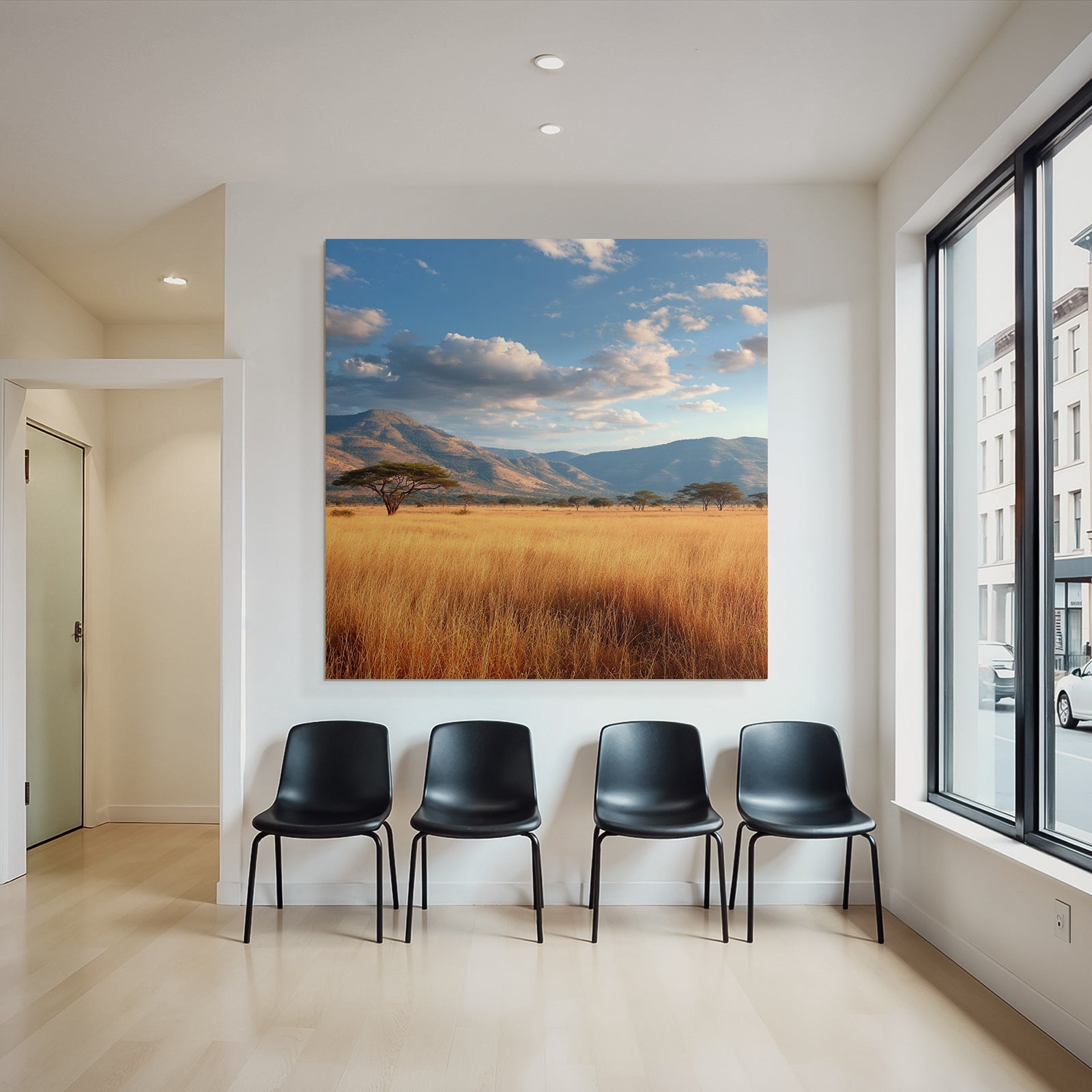 Desert tranquil natural landscape with hills and golden grass under partly cloudy sky