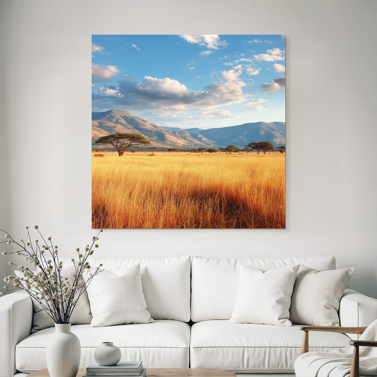 Desert tranquil natural landscape with hills and golden grass under partly cloudy sky
