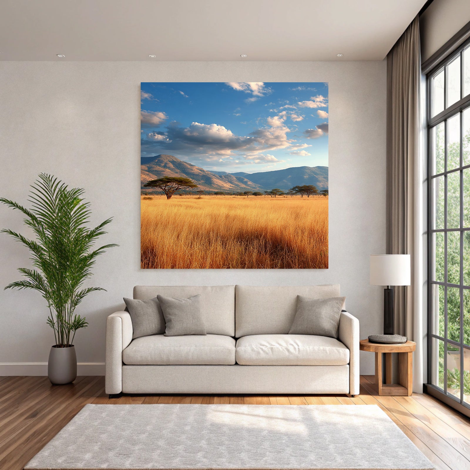 Desert tranquil natural landscape with hills and golden grass under partly cloudy sky
