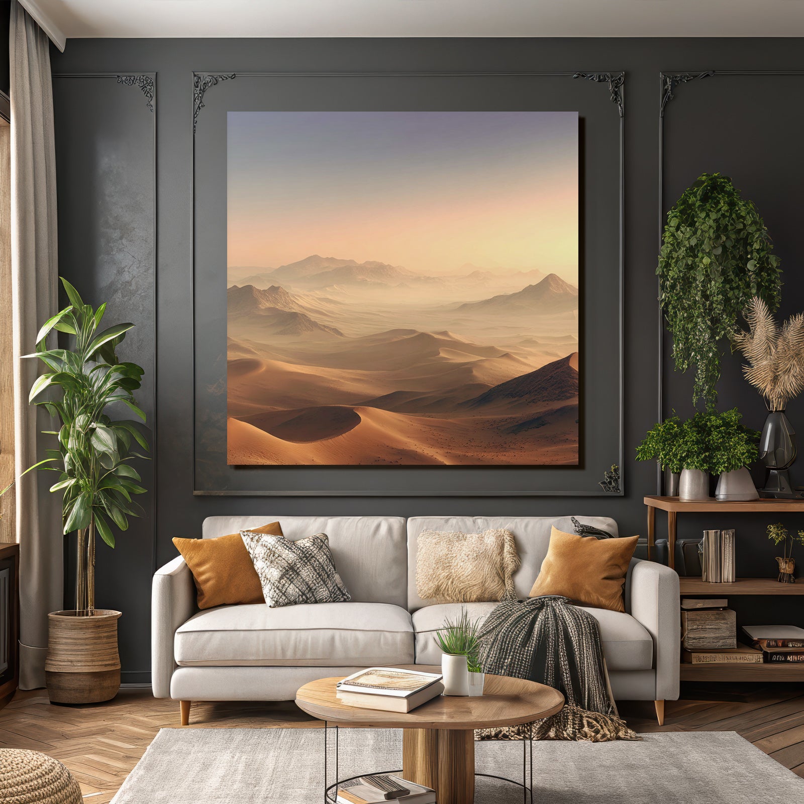 Deserts Gentle desert with dunes and mountains under a pastel sky
