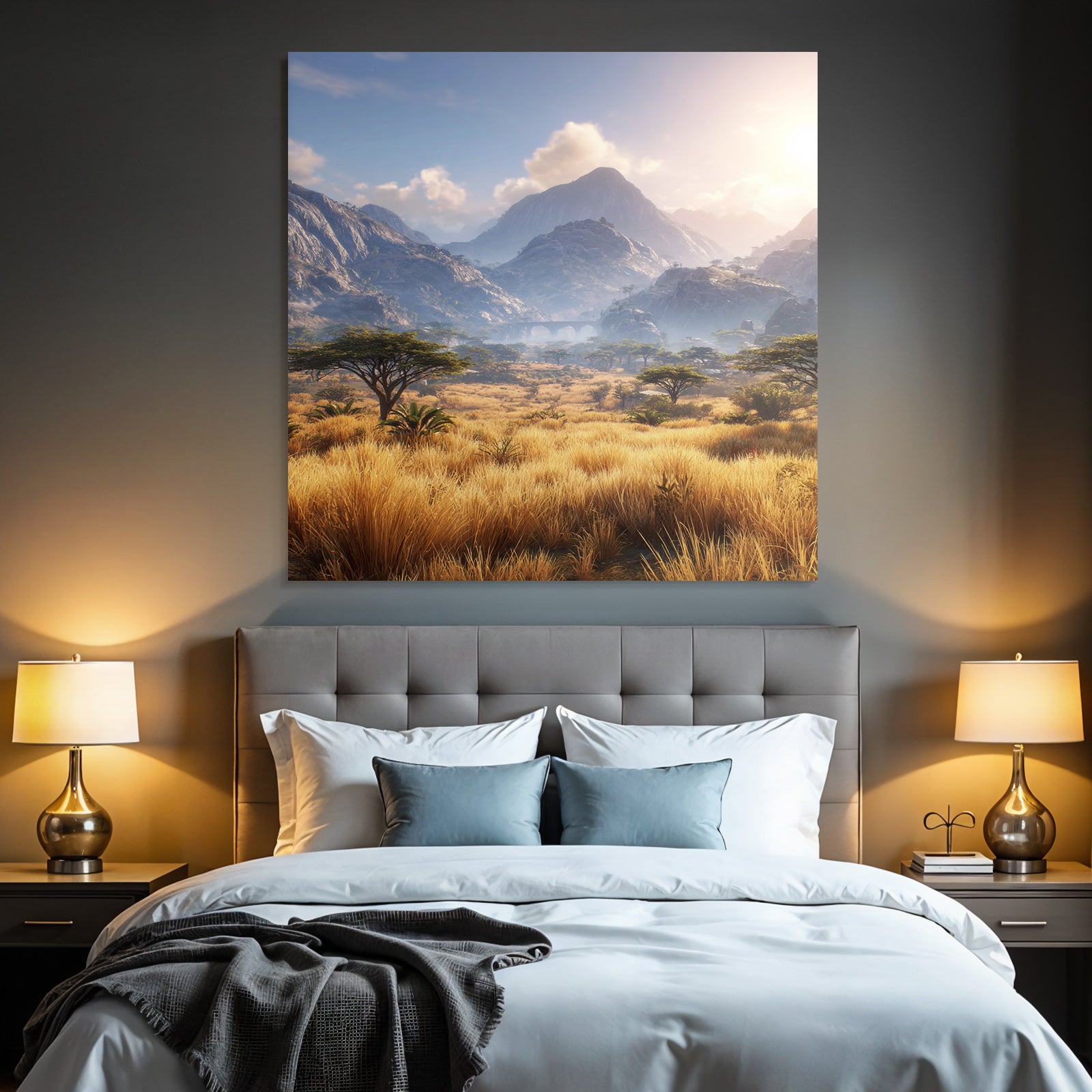 Desert beautiful landscape with mountains, green meadows and trees