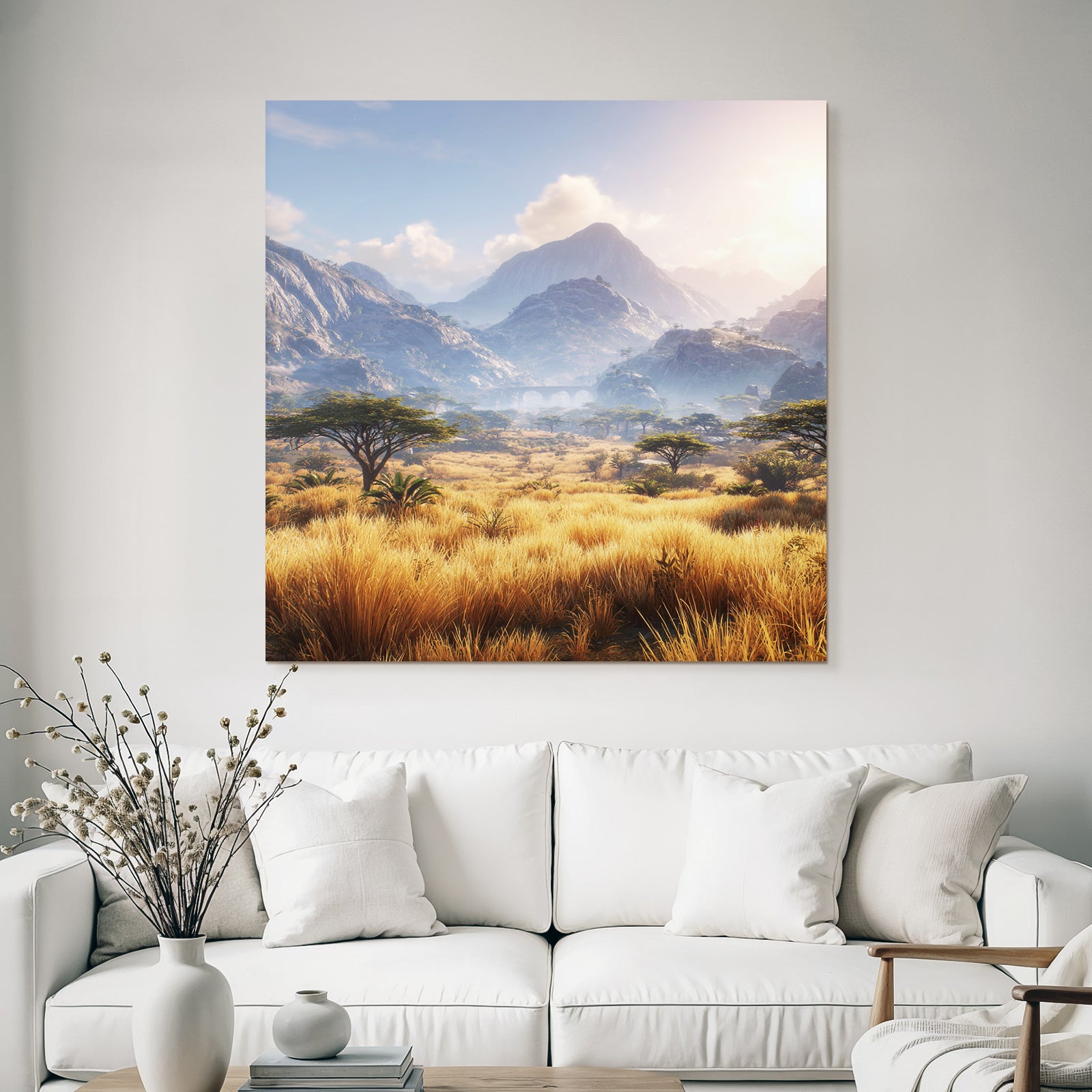 Desert beautiful landscape with mountains, green meadows and trees