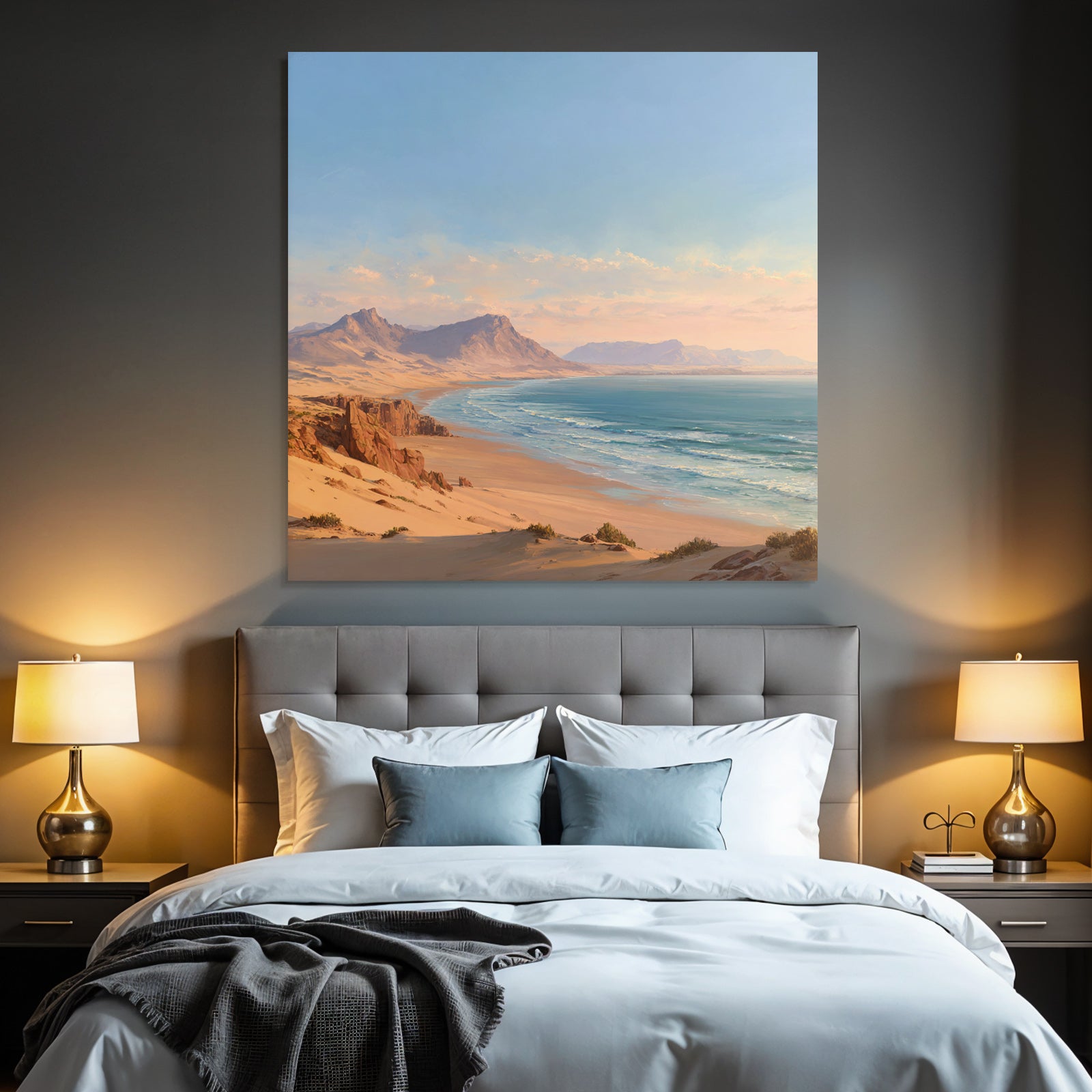 Desert beach idyll at sunrise or sunset with mountains background