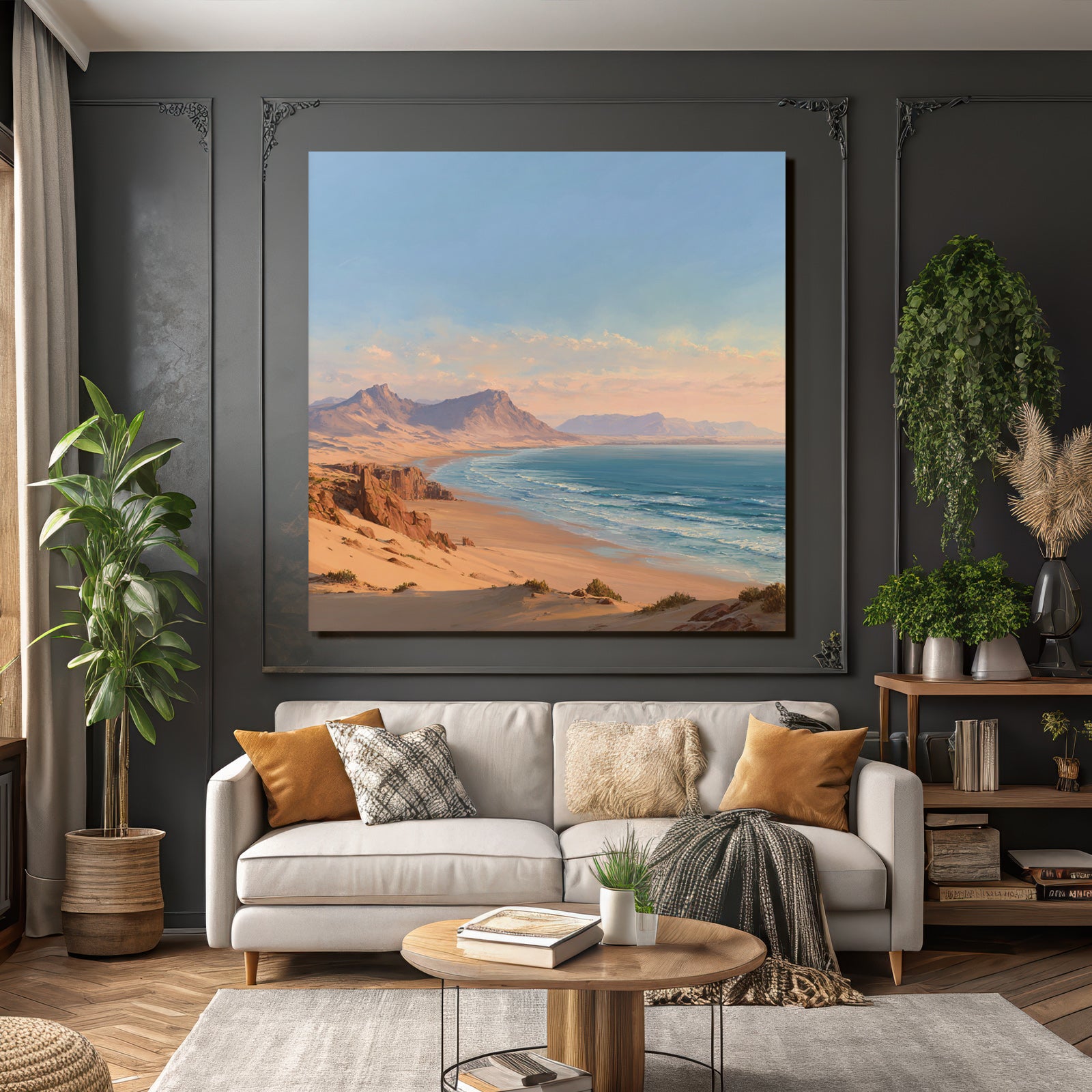 Desert beach idyll at sunrise or sunset with mountains background