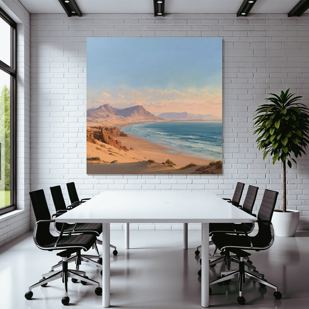 Desert beach idyll at sunrise or sunset with mountains background