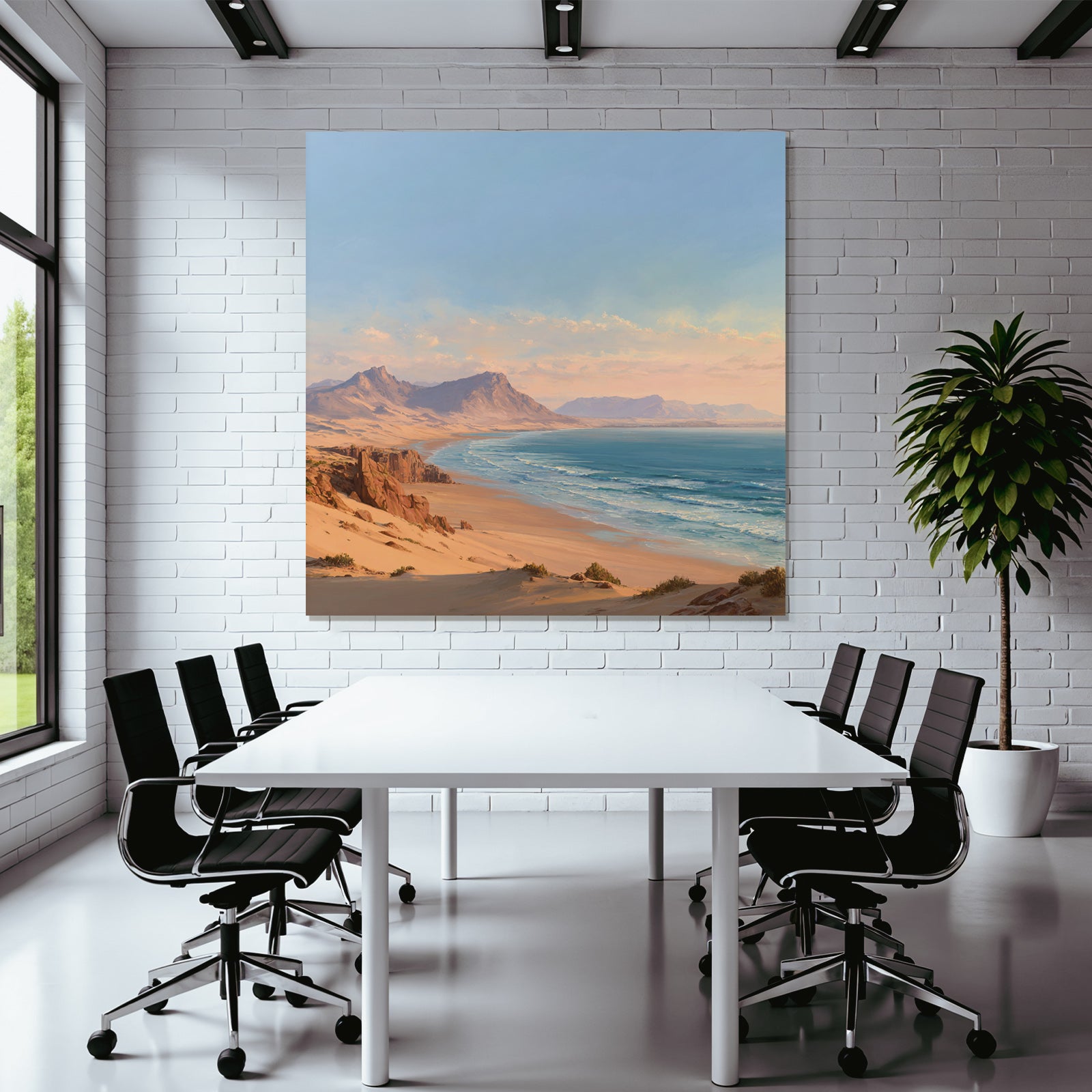 Desert beach idyll at sunrise or sunset with mountains background