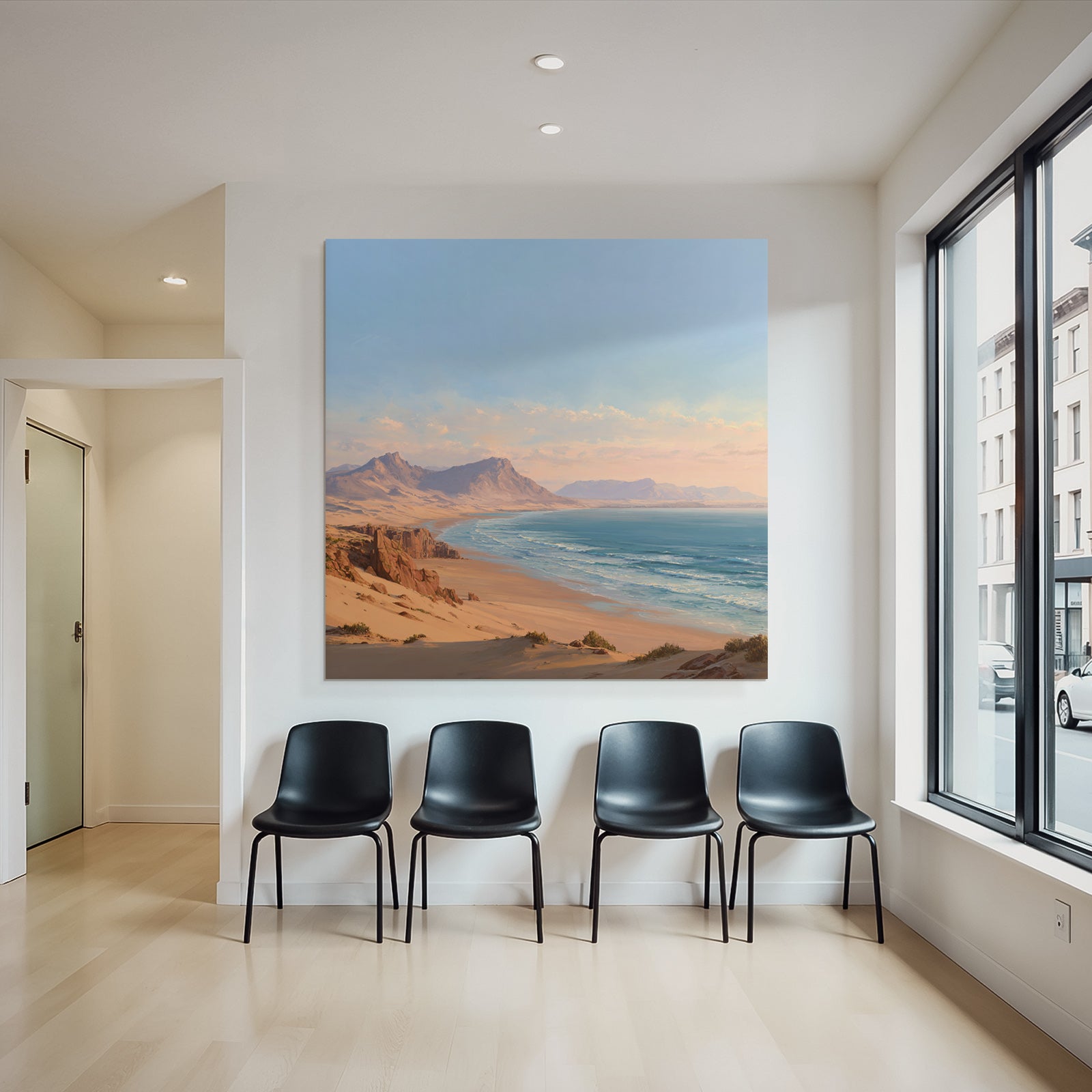 Desert beach idyll at sunrise or sunset with mountains background