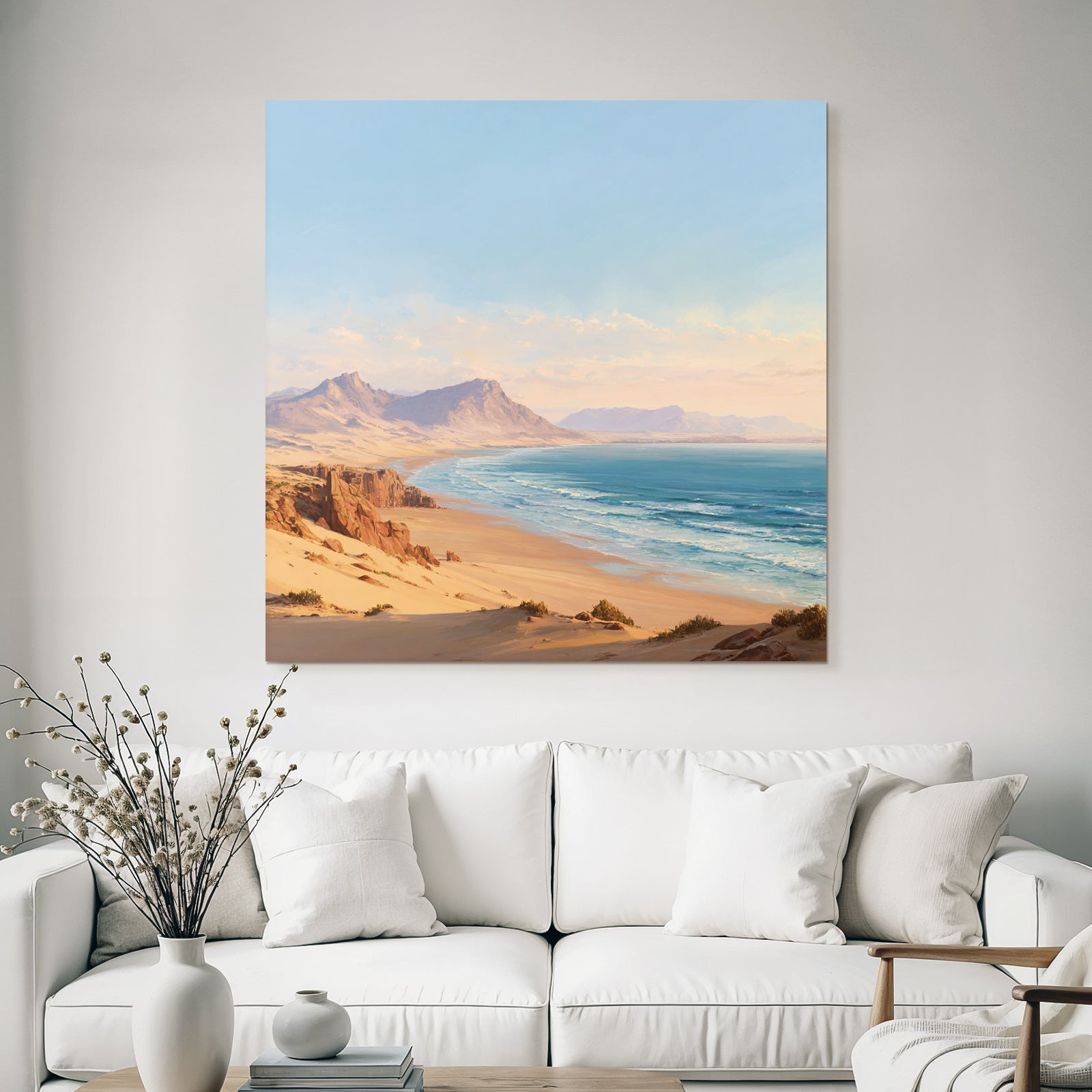 Desert beach idyll at sunrise or sunset with mountains background