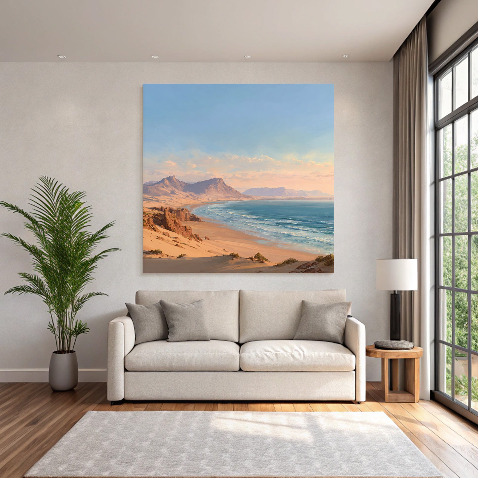 Desert beach idyll at sunrise or sunset with mountains background