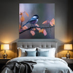 Desert bird on a branch surrounded by autumn leaves, blue, gray, black, white