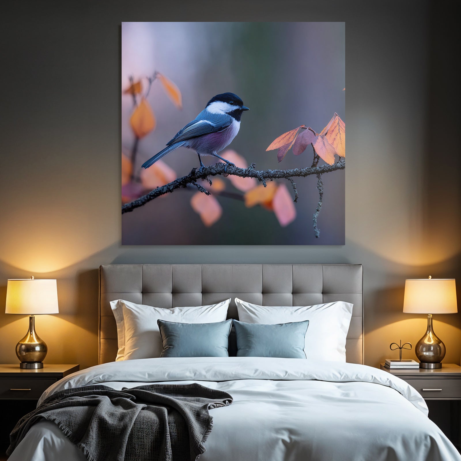 Desert bird on a branch surrounded by autumn leaves, blue, gray, black, white