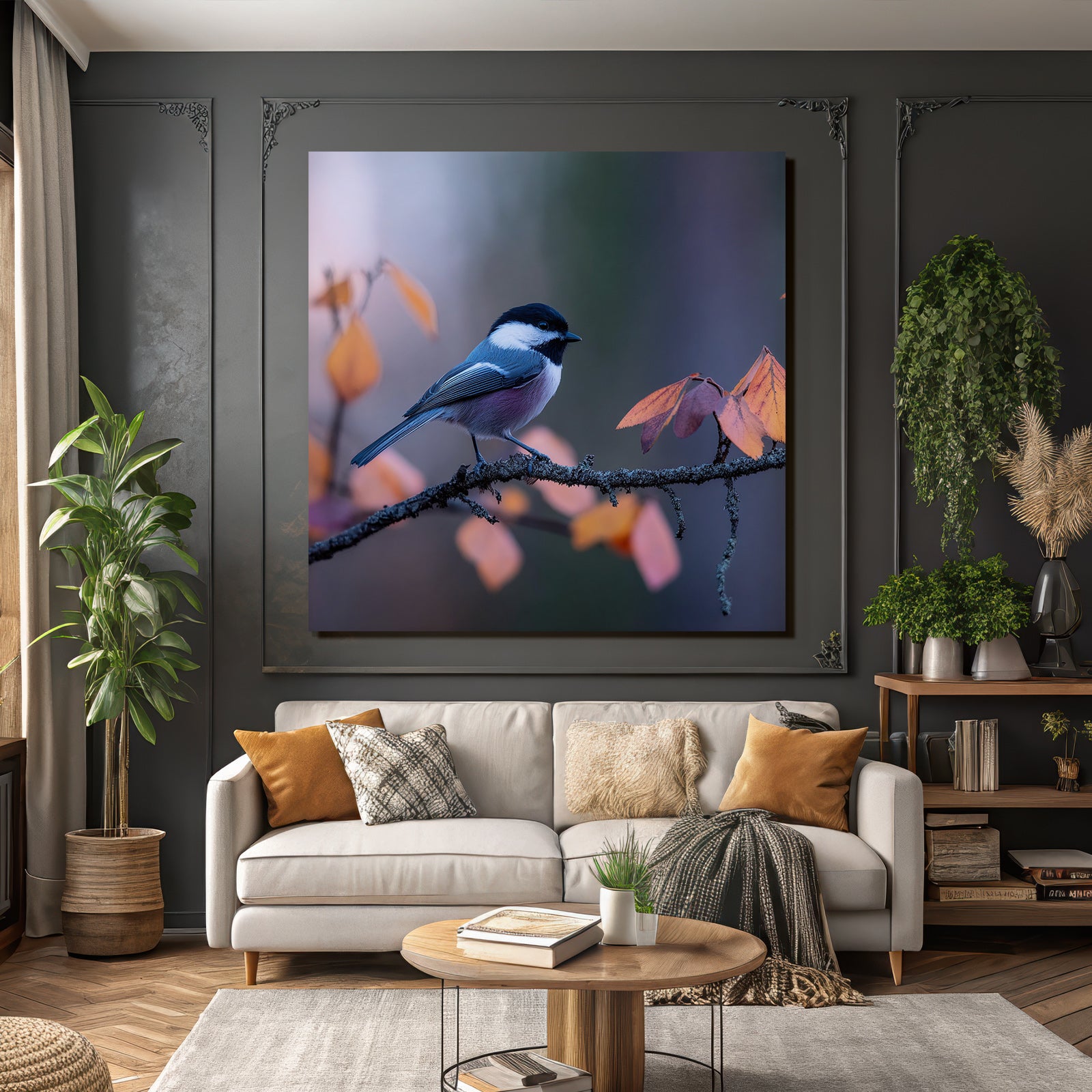 Desert bird on a branch surrounded by autumn leaves, blue, gray, black, white