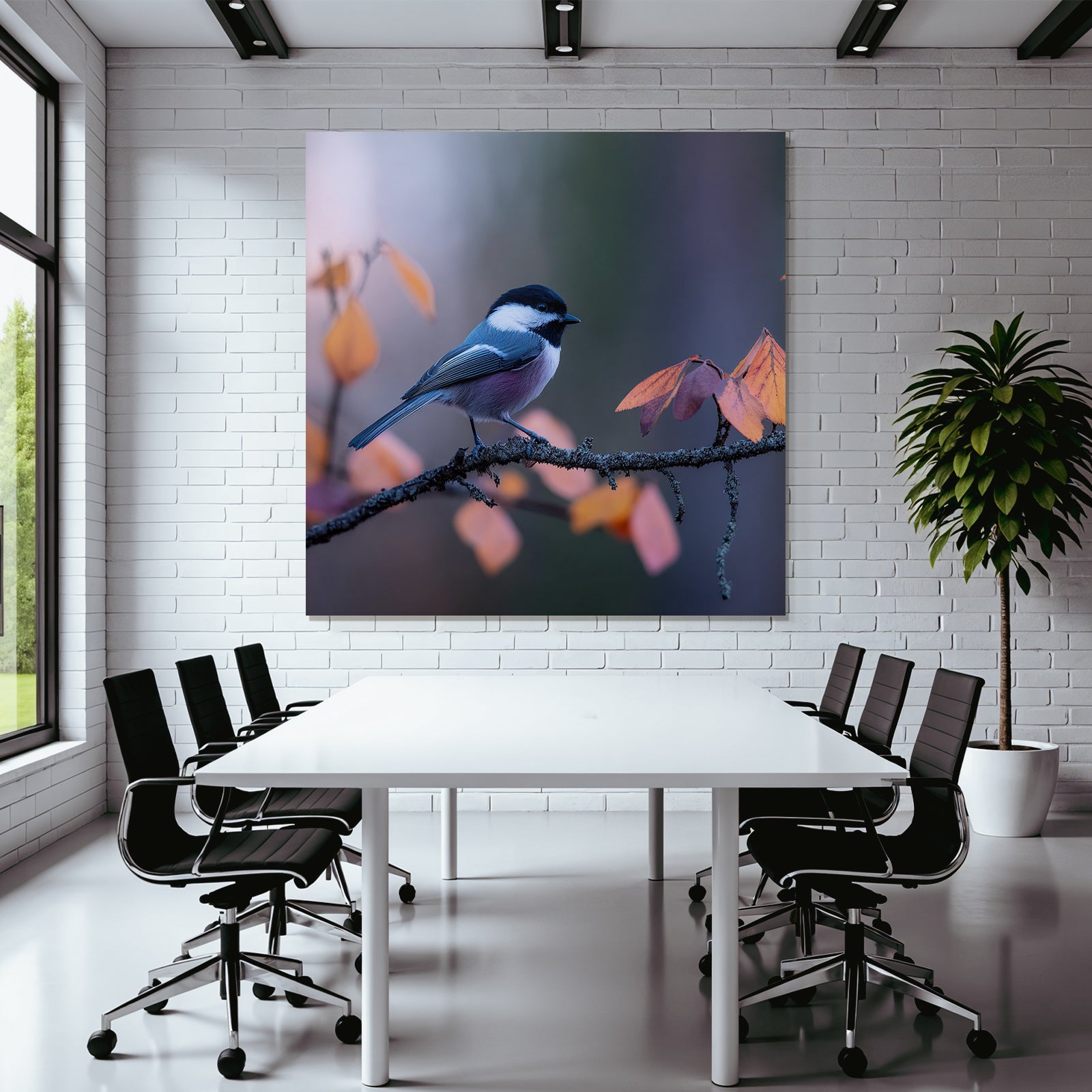 Desert bird on a branch surrounded by autumn leaves, blue, gray, black, white