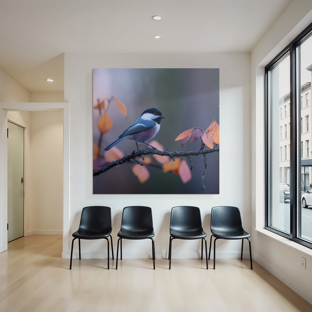 Desert bird on a branch surrounded by autumn leaves, blue, gray, black, white