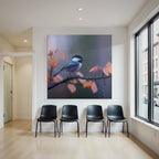 Desert bird on a branch surrounded by autumn leaves, blue, gray, black, white