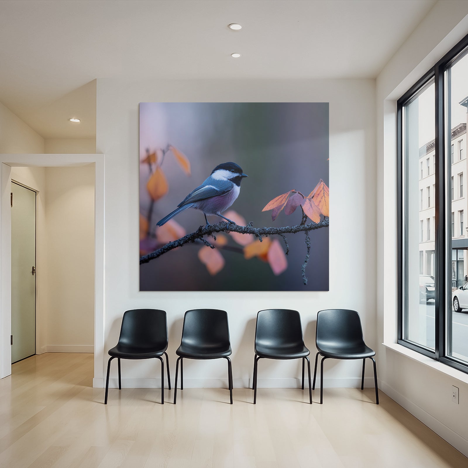 Desert bird on a branch surrounded by autumn leaves, blue, gray, black, white
