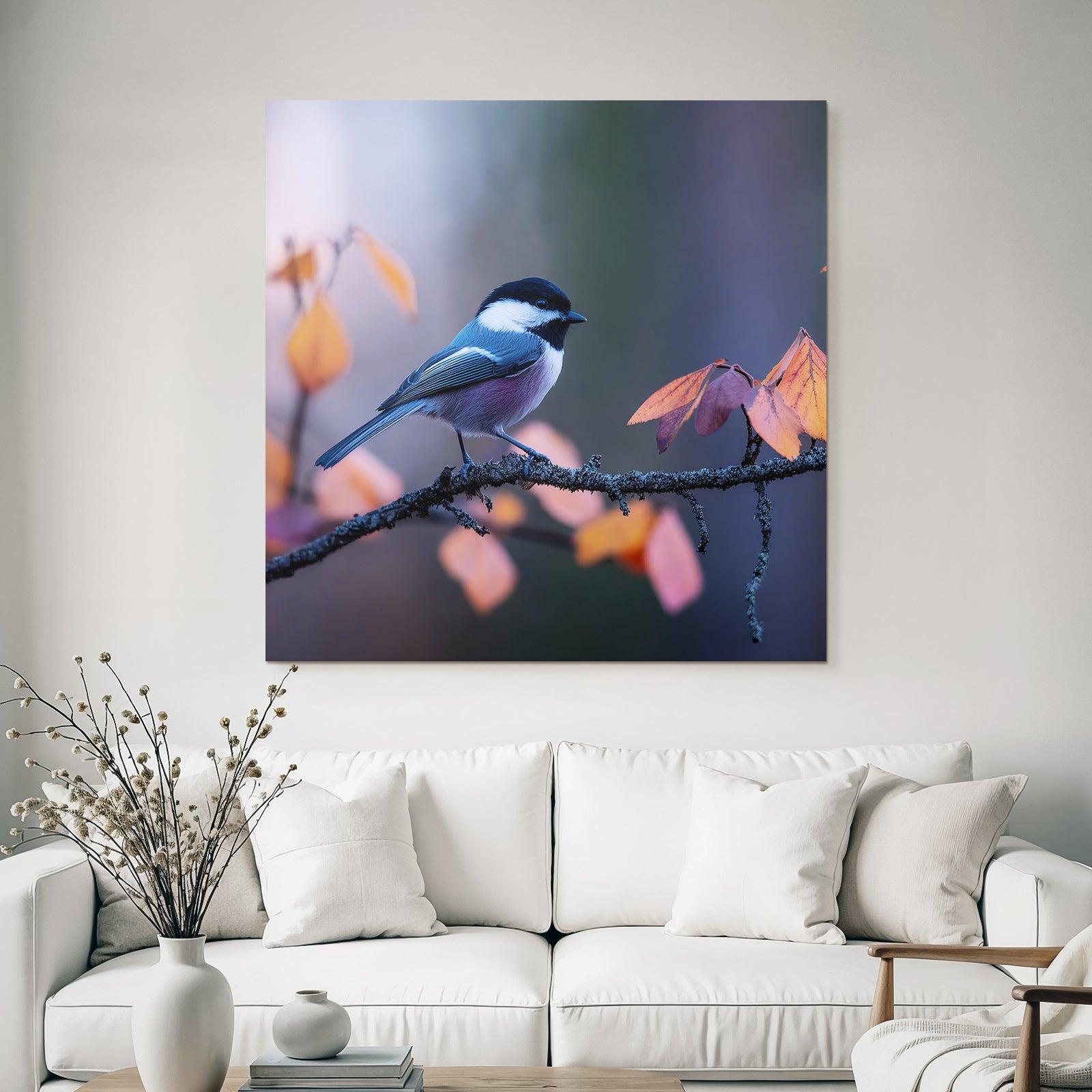 Desert bird on a branch surrounded by autumn leaves, blue, gray, black, white