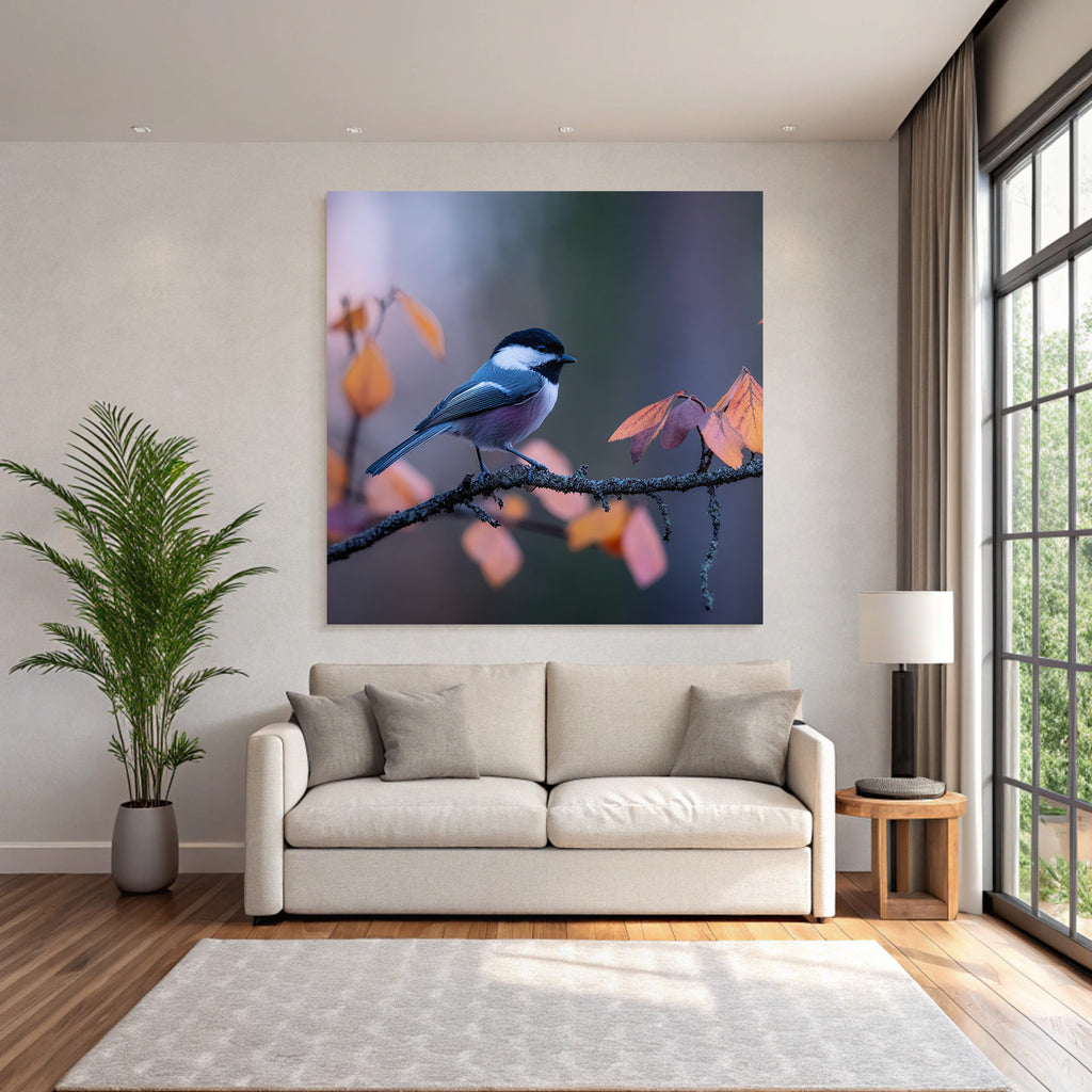 Desert bird on a branch surrounded by autumn leaves, blue, gray, black, white