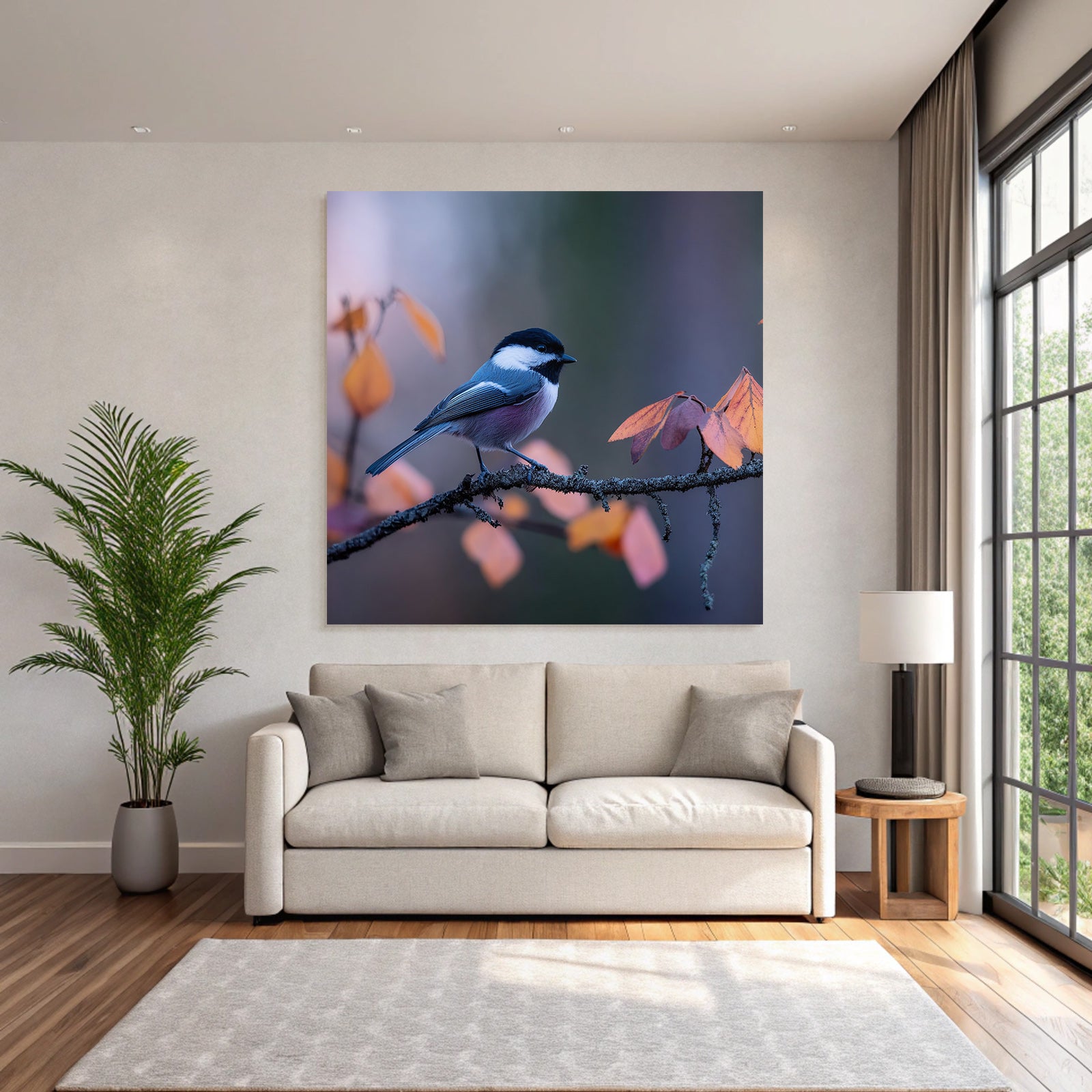 Desert bird on a branch surrounded by autumn leaves, blue, gray, black, white