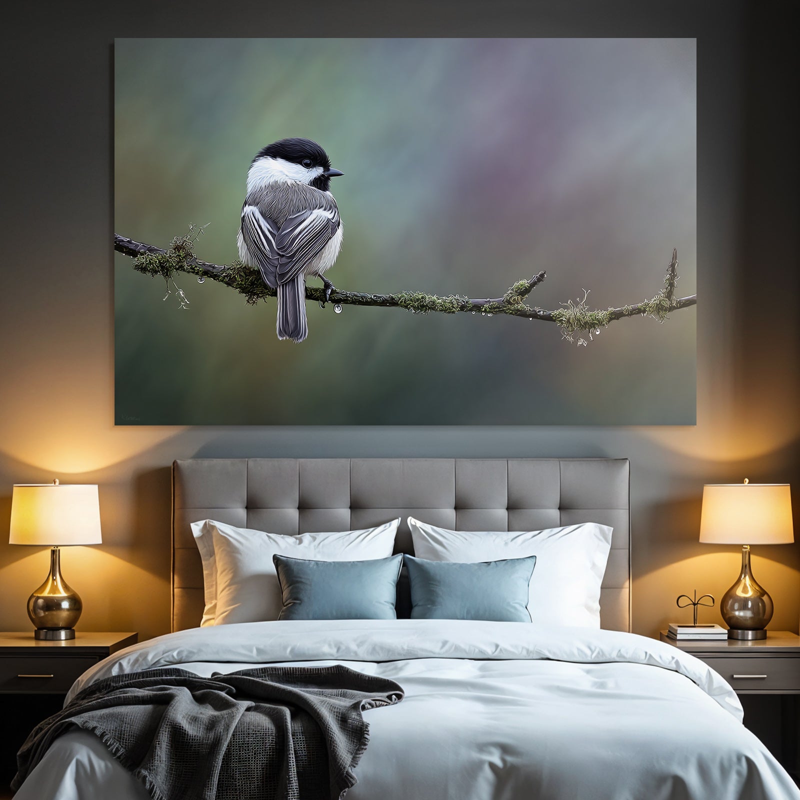 Birds Foxes Owls Small Bird on a Branch with Moss and Water Drops