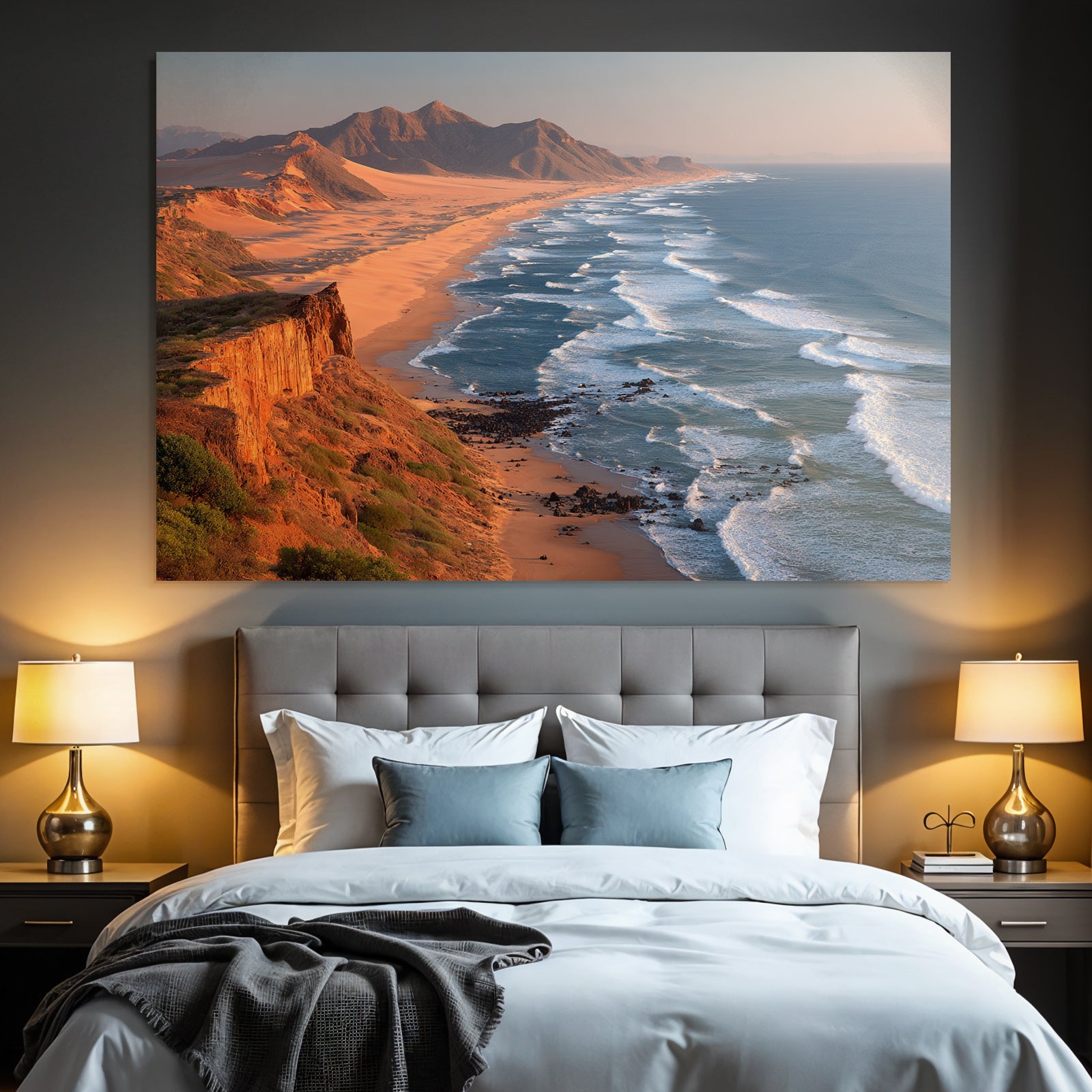 Desert Coastal Landscape With Sand Beach Waves And Rocks Sunrise Imagination