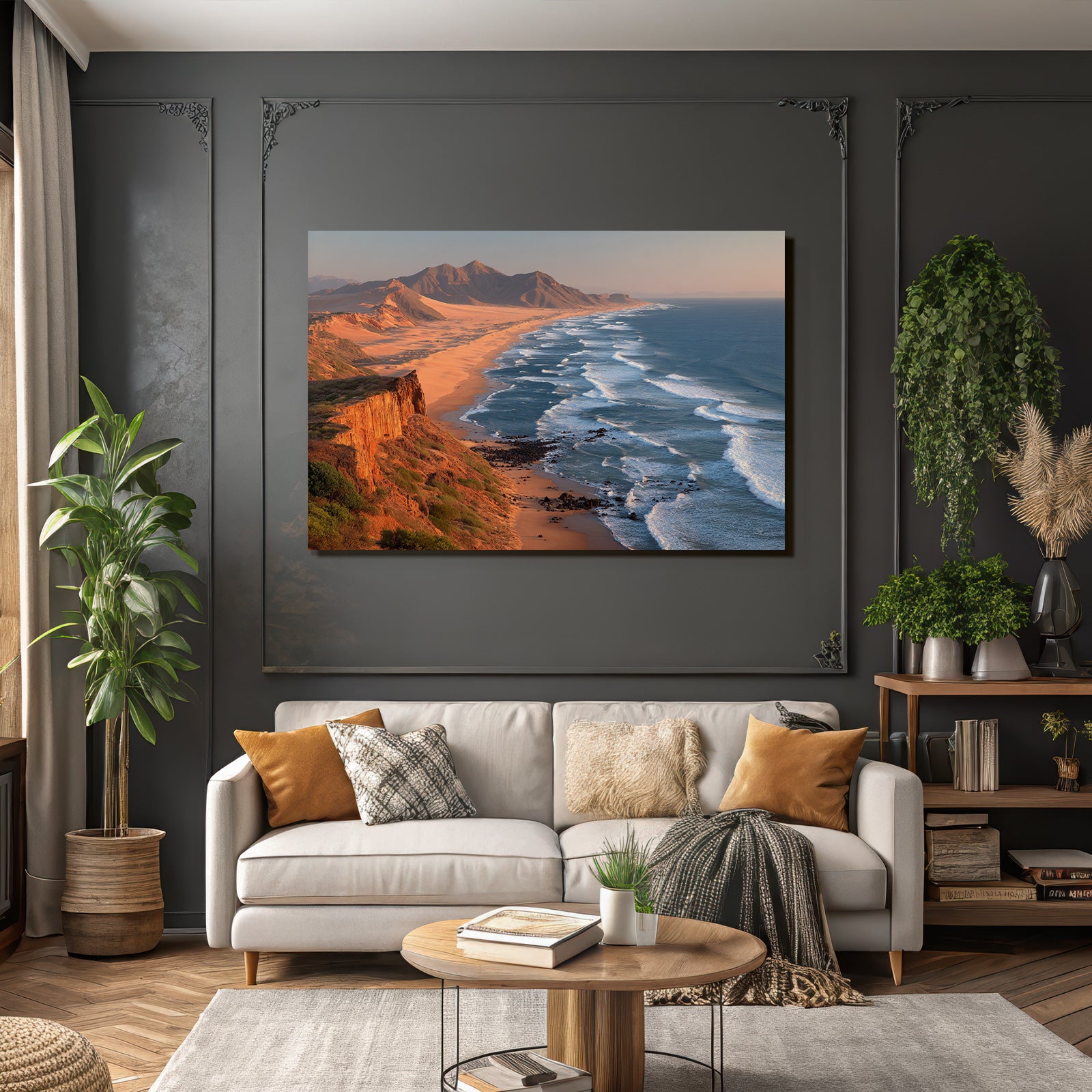 Desert Coastal Landscape With Sand Beach Waves And Rocks Sunrise Imagination