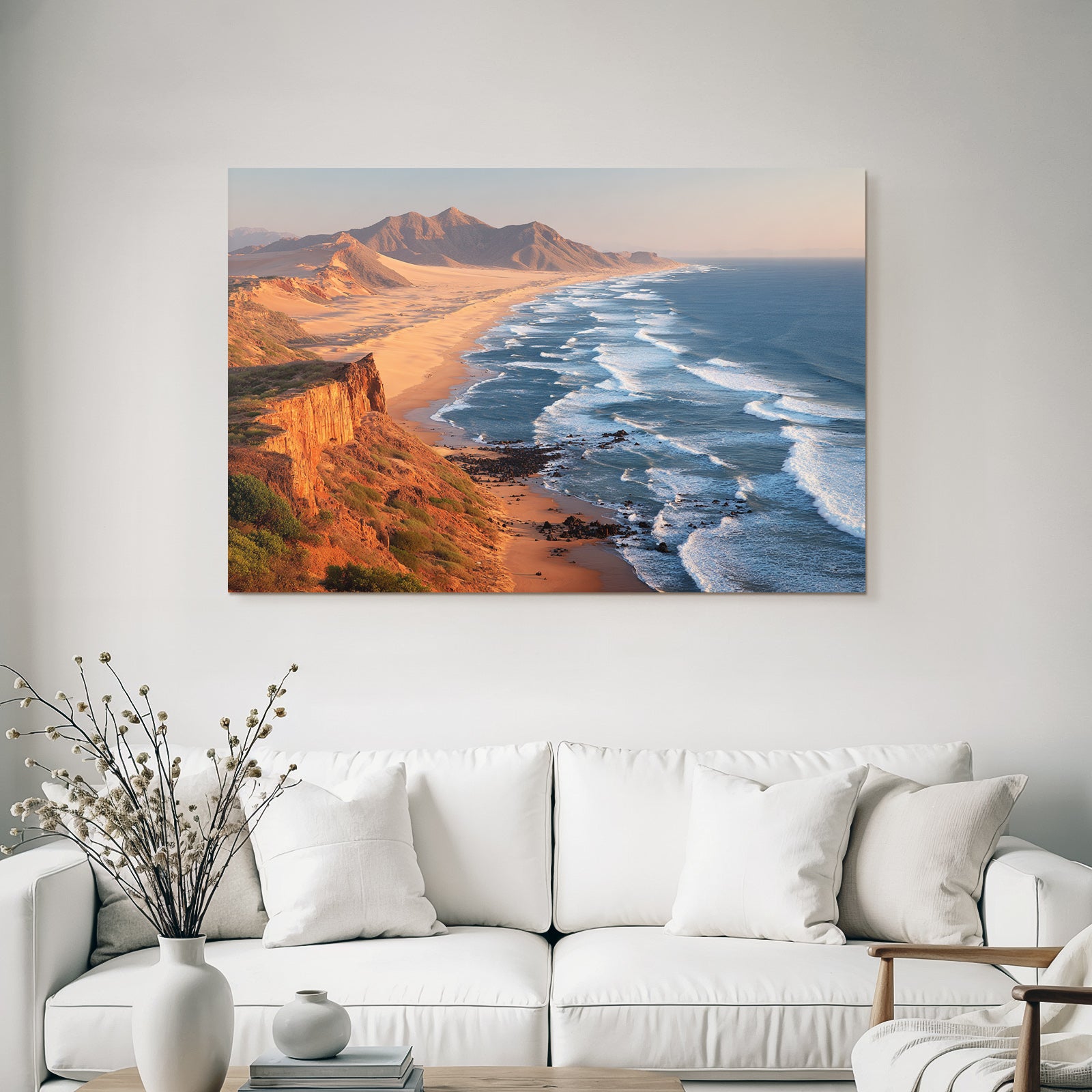Desert Coastal Landscape With Sand Beach Waves And Rocks Sunrise Imagination