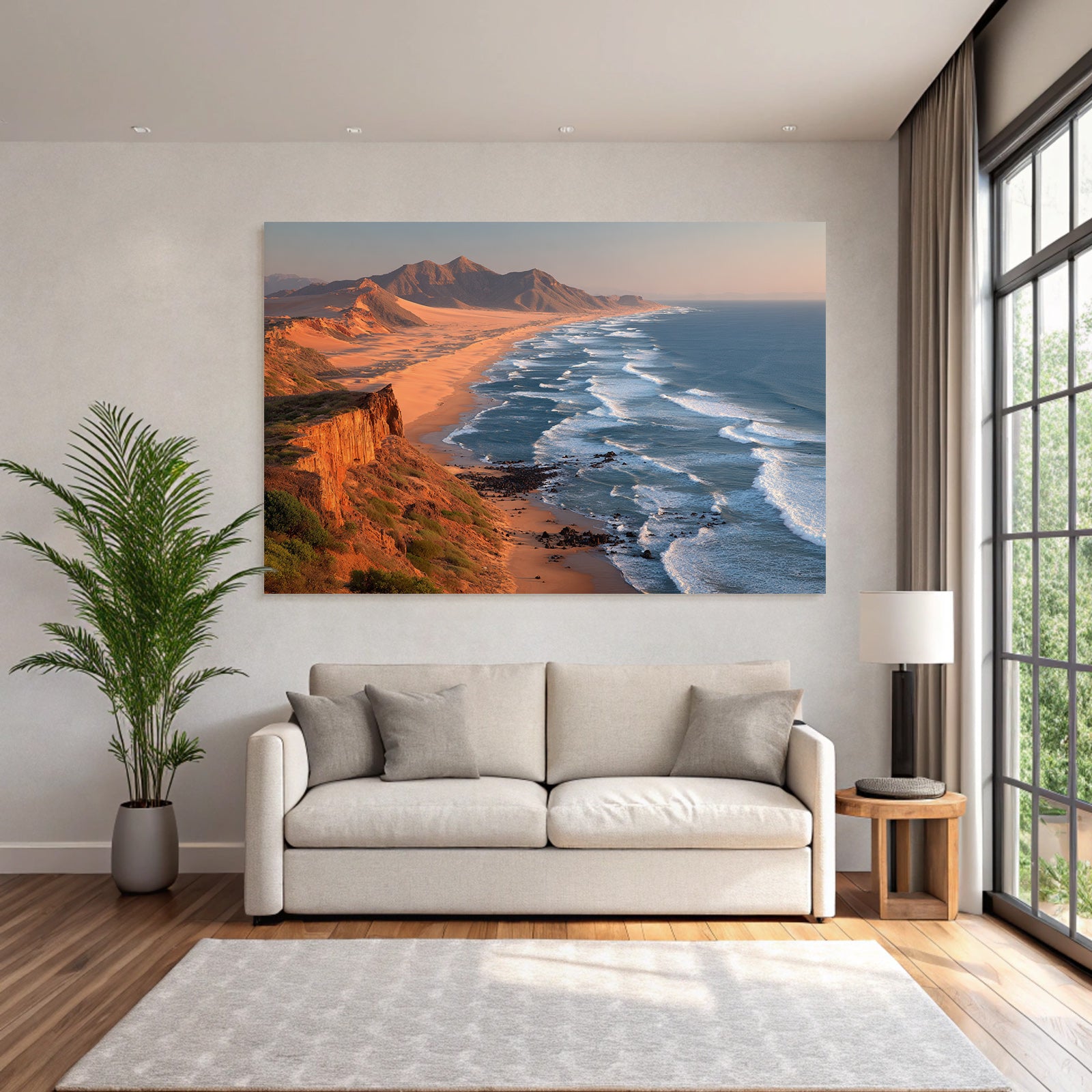 Desert Coastal Landscape With Sand Beach Waves And Rocks Sunrise Imagination