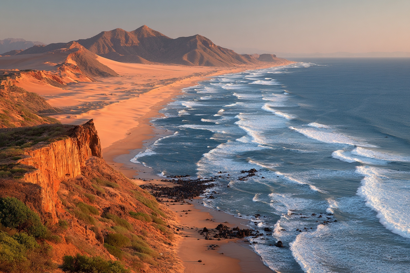 Wüsten Coastal Landscape Mit Sand Strand Wellen Und Felsen Sonnenaufgang Uvorstellung | Wuesten und Savanne | Landschaften