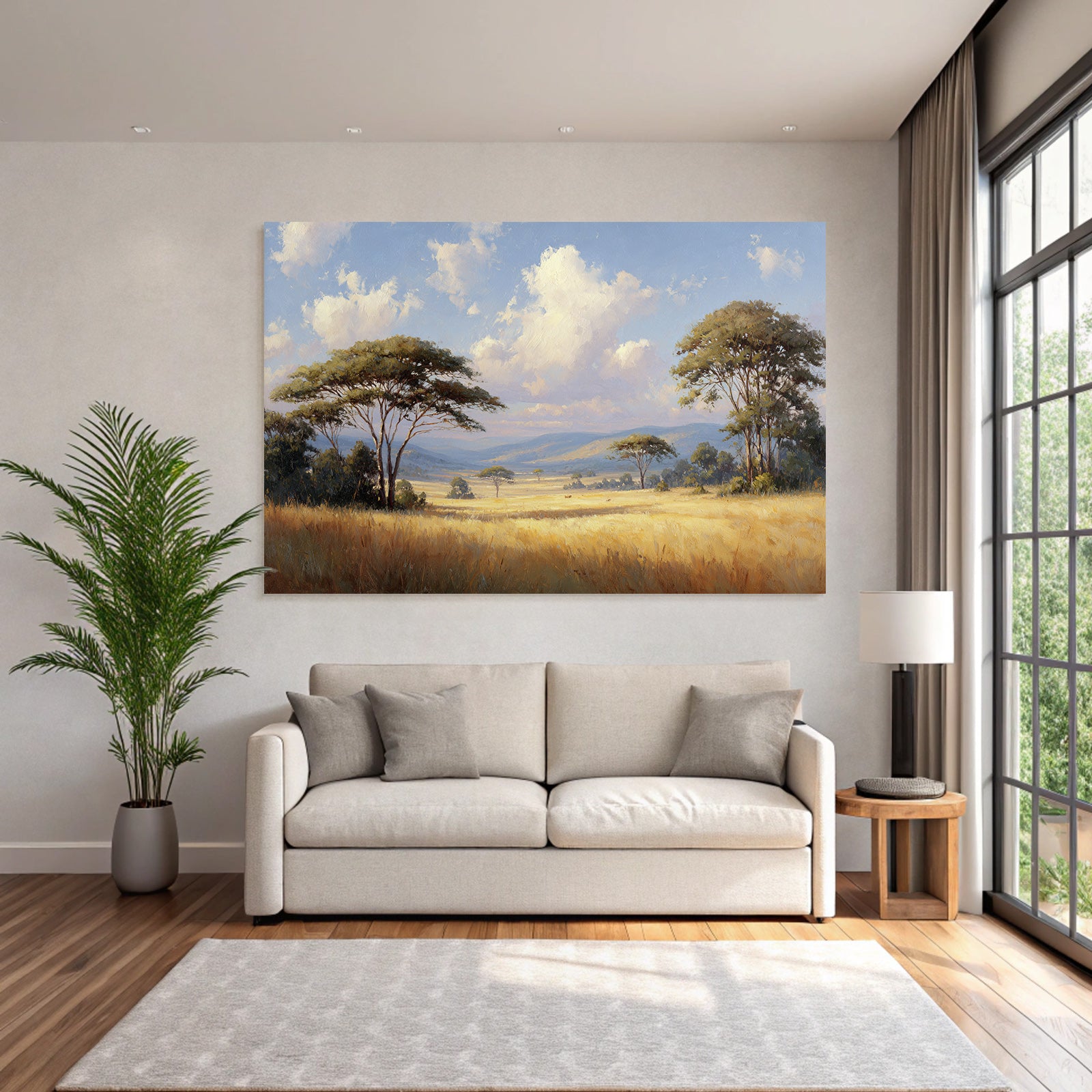 Desert Peaceful Landscape With Trees And Hills