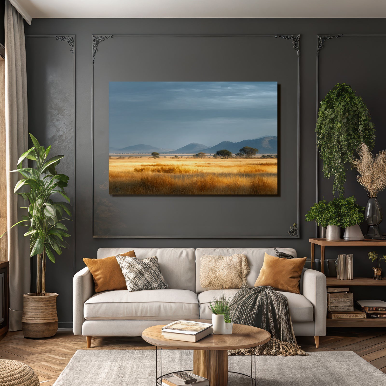 Desert Golden Fields Under a Cloudy Blue Sky With Trees