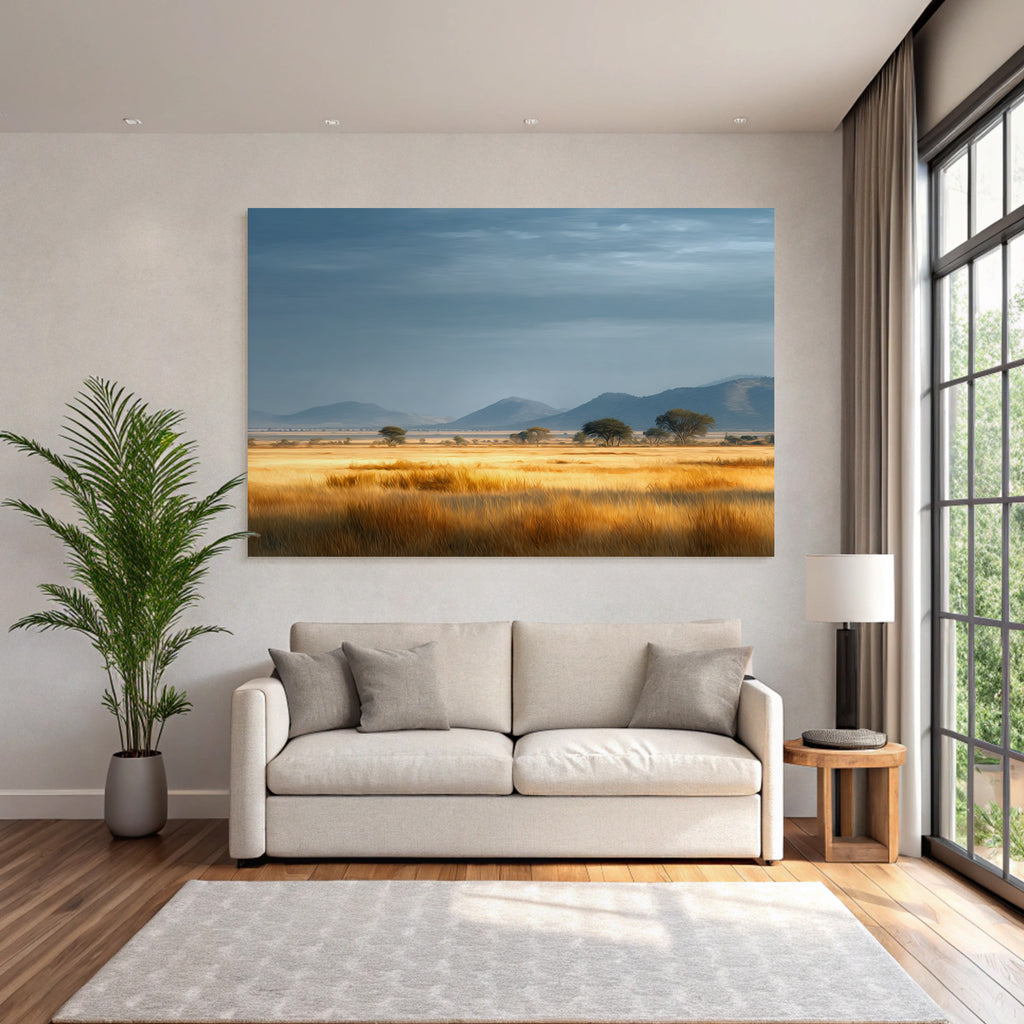 Desert Golden Fields Under a Cloudy Blue Sky With Trees