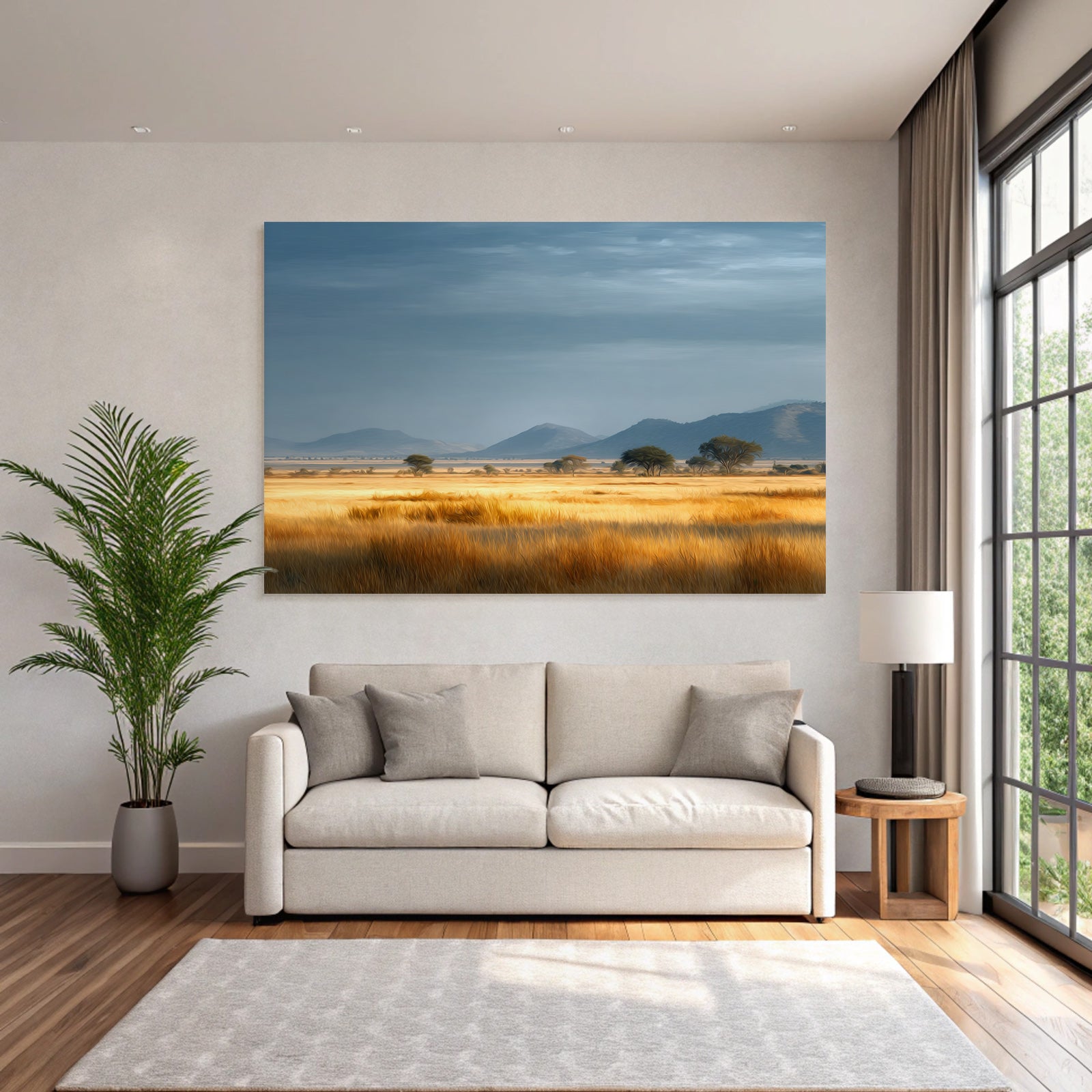 Desert Golden Fields Under a Cloudy Blue Sky With Trees