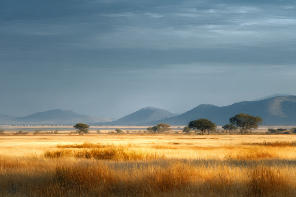 Wüsten Goldene Felder Unter Einem Bewölkten Blaün Himmel Mit Bäumen | Wuesten und Savanne | Landschaften