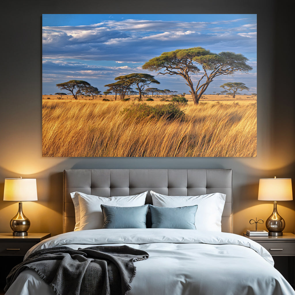 Desert Golden Grassland With Acacia Trees And Dramatic Sky