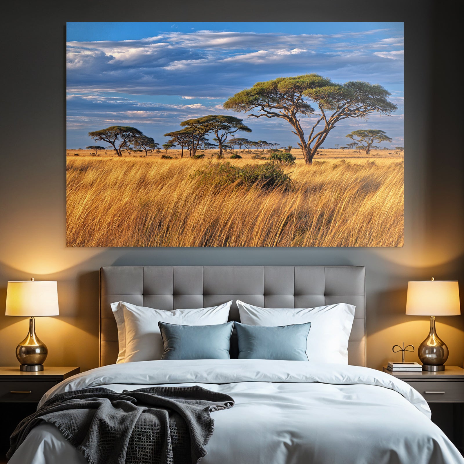Desert Golden Grassland With Acacia Trees And Dramatic Sky