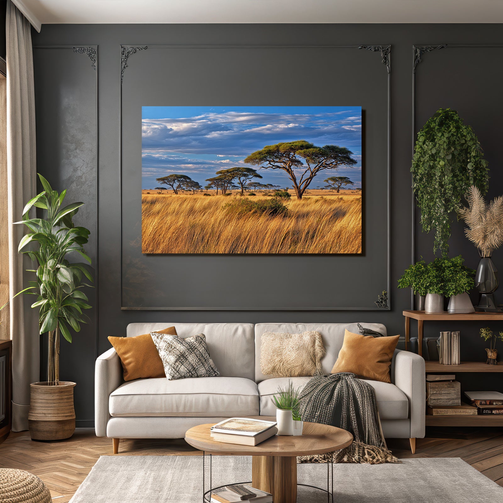 Desert Golden Grassland With Acacia Trees And Dramatic Sky
