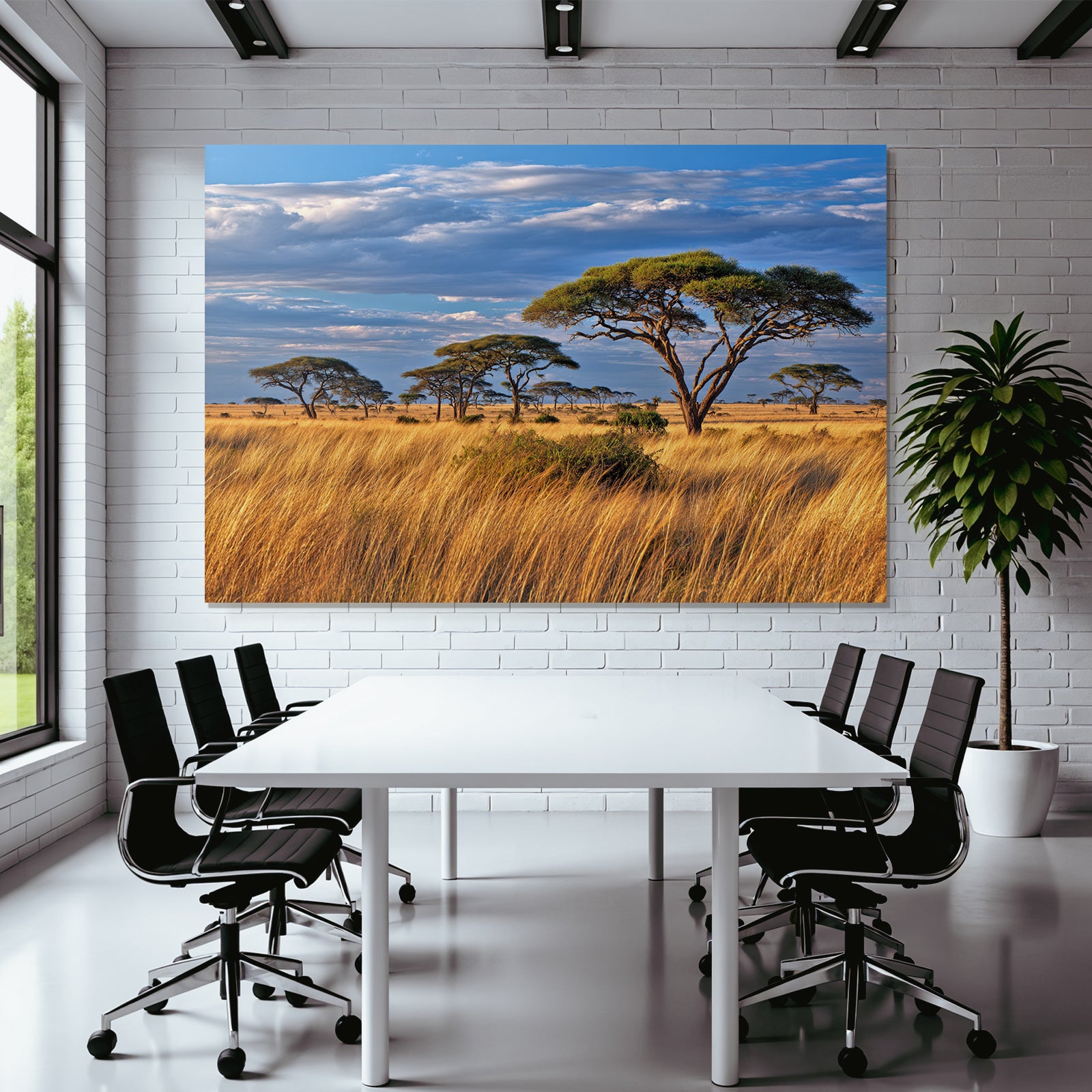 Desert Golden Grassland With Acacia Trees And Dramatic Sky