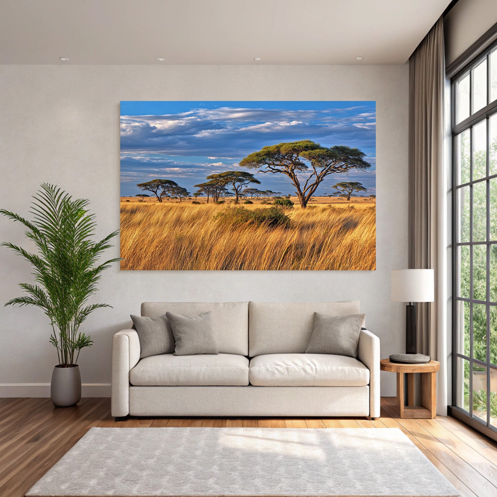 Desert Golden Grassland With Acacia Trees And Dramatic Sky