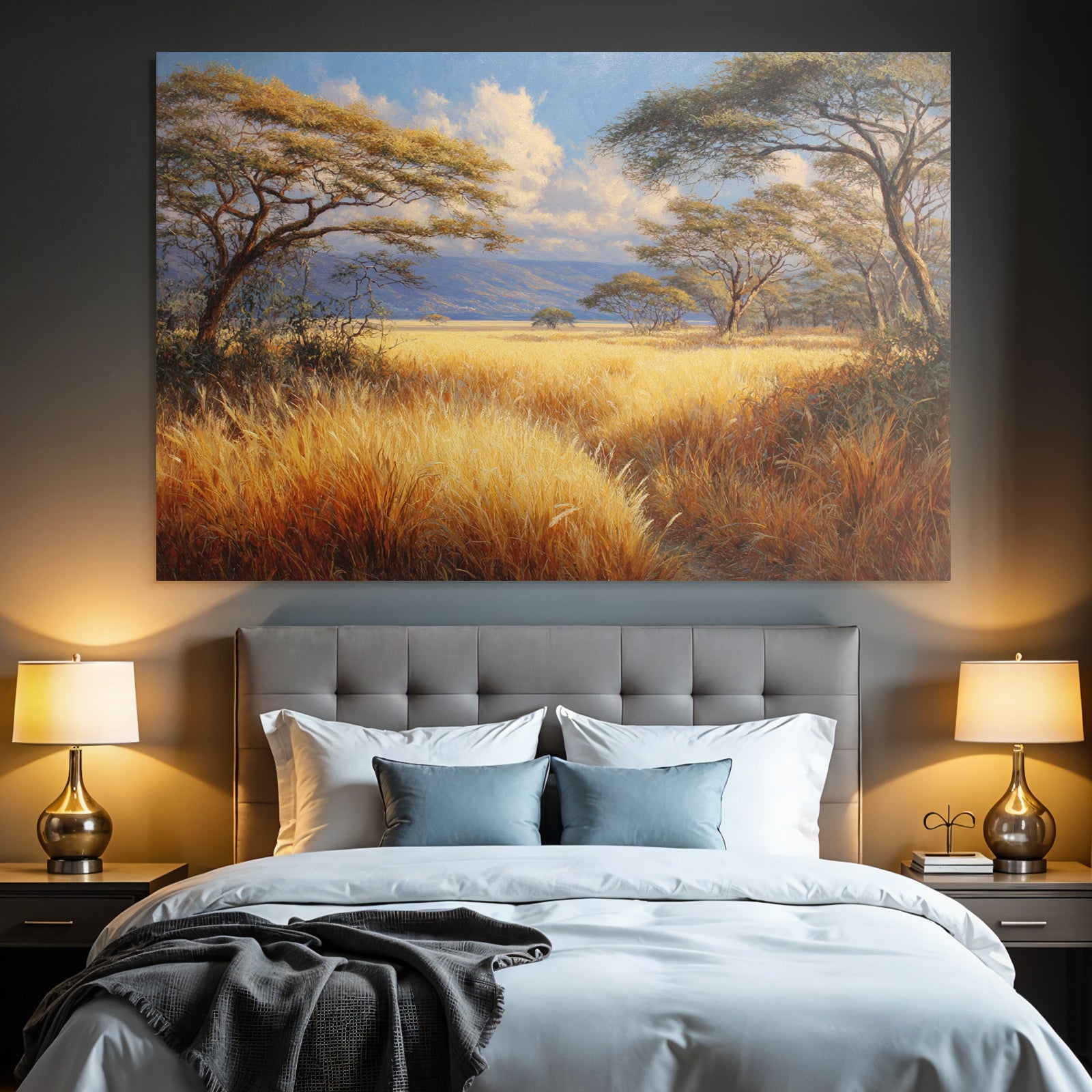 Desert Golden Grassland Scenes With Trees And Calming Sky