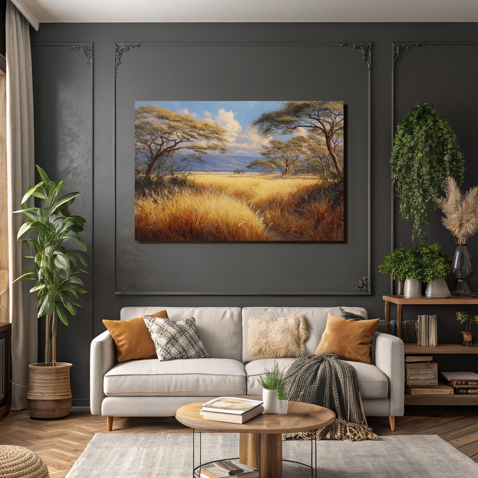 Desert Golden Grassland Scenes With Trees And Calming Sky