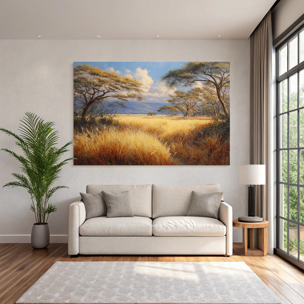 Desert Golden Grassland Scenes With Trees And Calming Sky