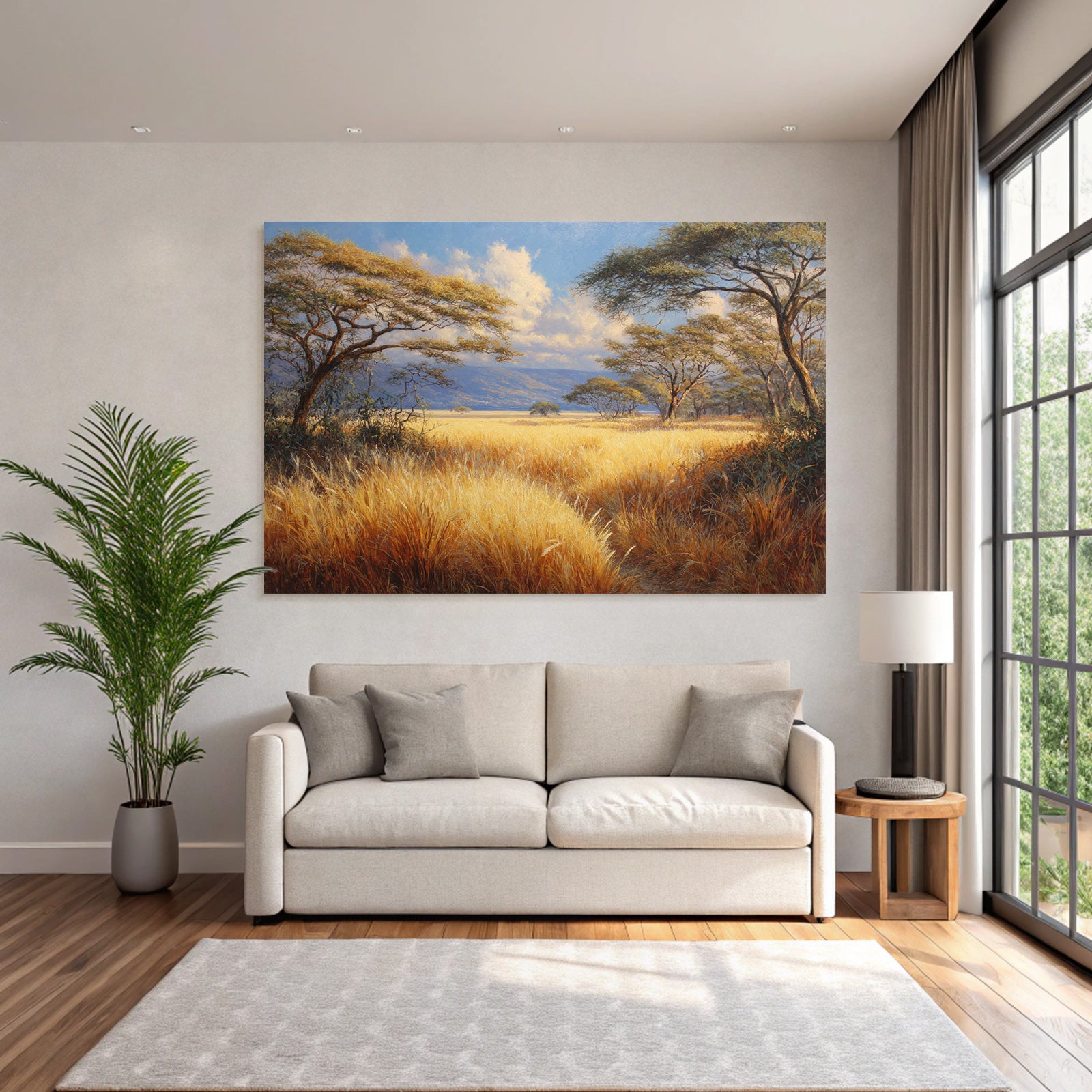 Desert Golden Grassland Scenes With Trees And Calming Sky