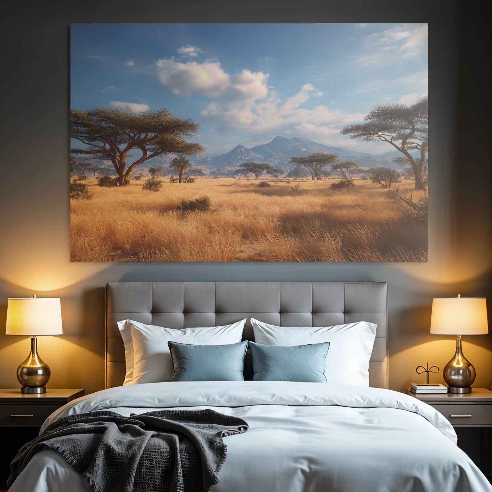 Desert landscape savannah tall grass trees mountains blue sky