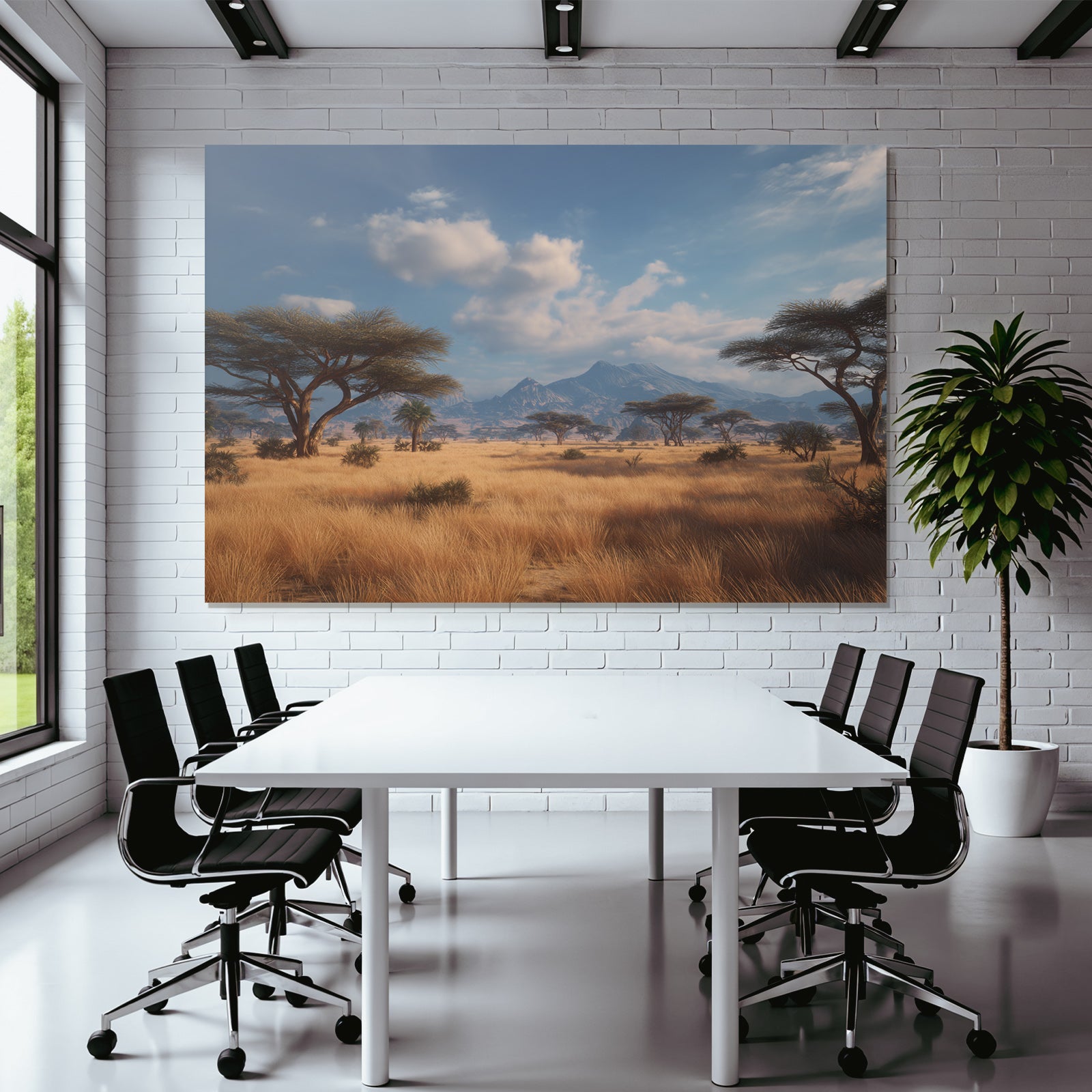 Desert landscape savannah tall grass trees mountains blue sky