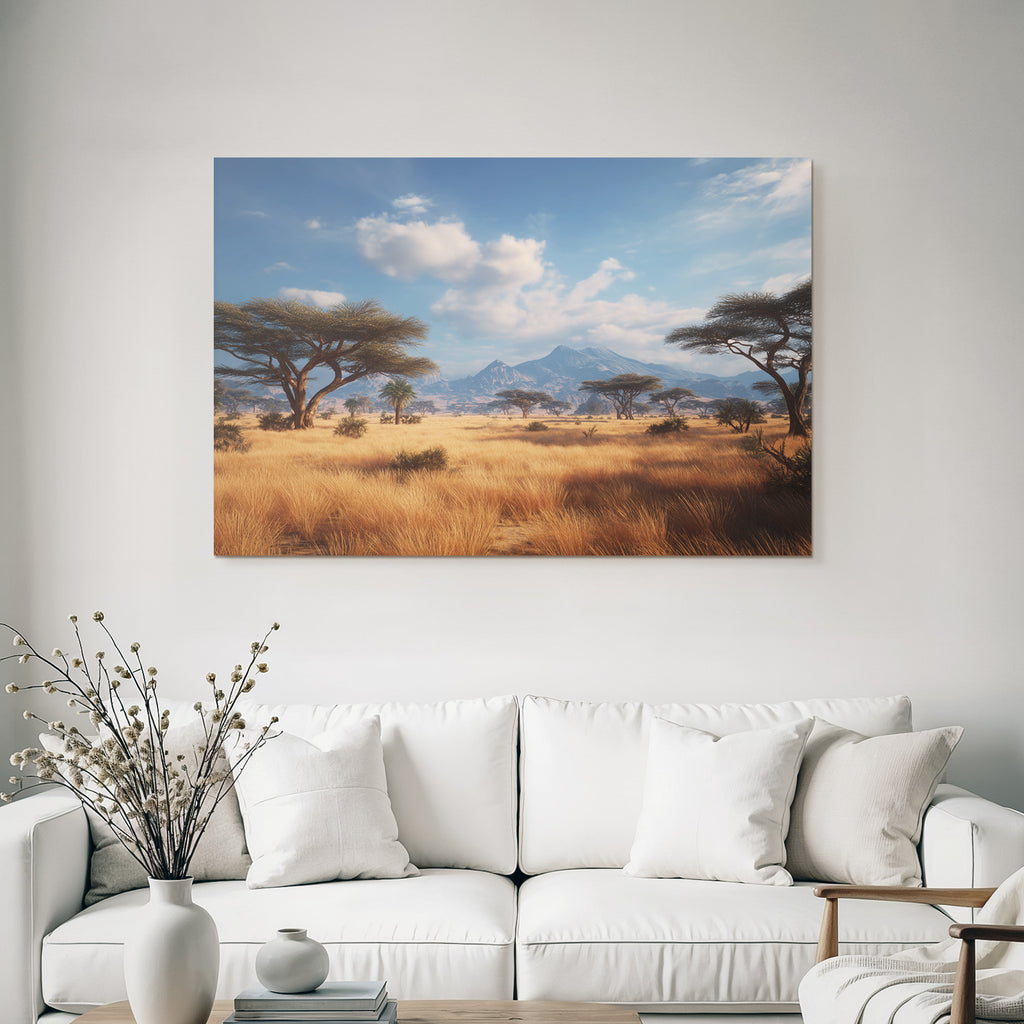 Desert landscape savannah tall grass trees mountains blue sky