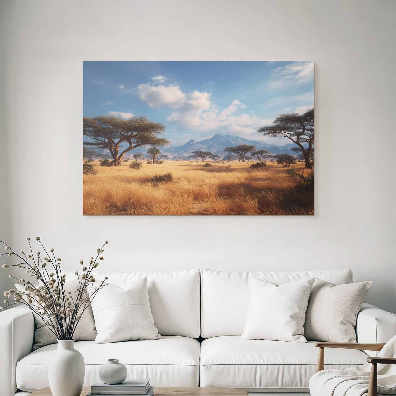 Desert landscape savannah tall grass trees mountains blue sky